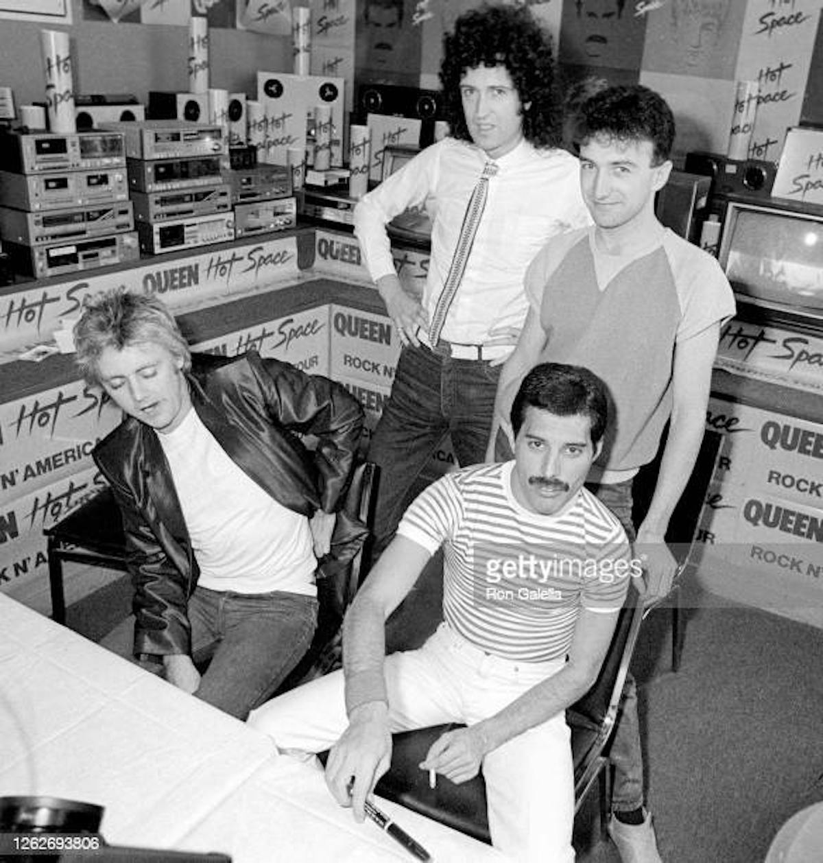 Roger Taylor, Brian May, John Deacon, and Freddie Mercury of Queen attend "Hot Space" Album Party at Crazy Eddie's in New York City on July 27, 1982. (Photo by Ron Galella/Ron Galella Collection via Getty Images)