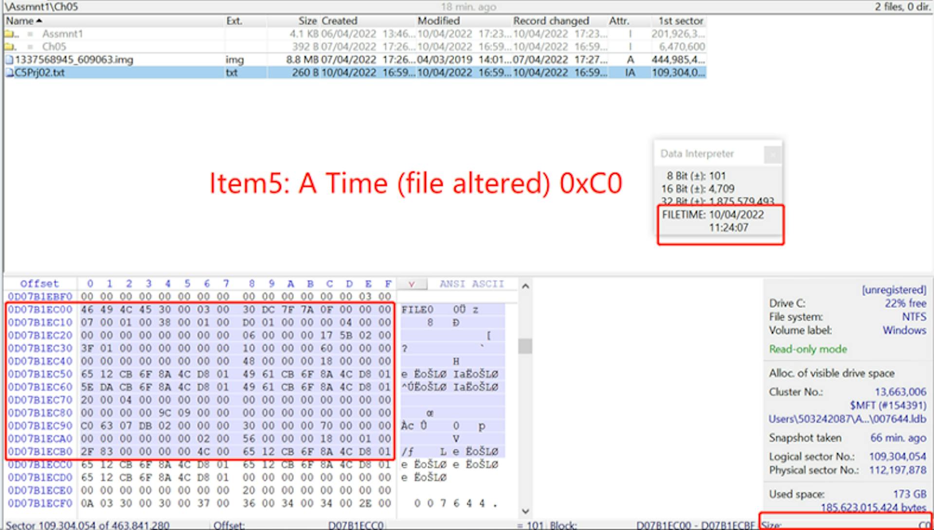 Figure13. To analyse and identify the offset value 0xC0 from text file’s MFT record.