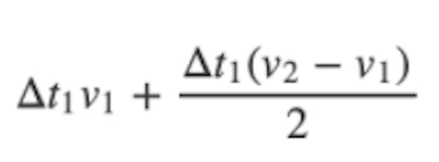 Equation: delta t1 times v1 plus delta t1 times v2 minus v1 divided by two