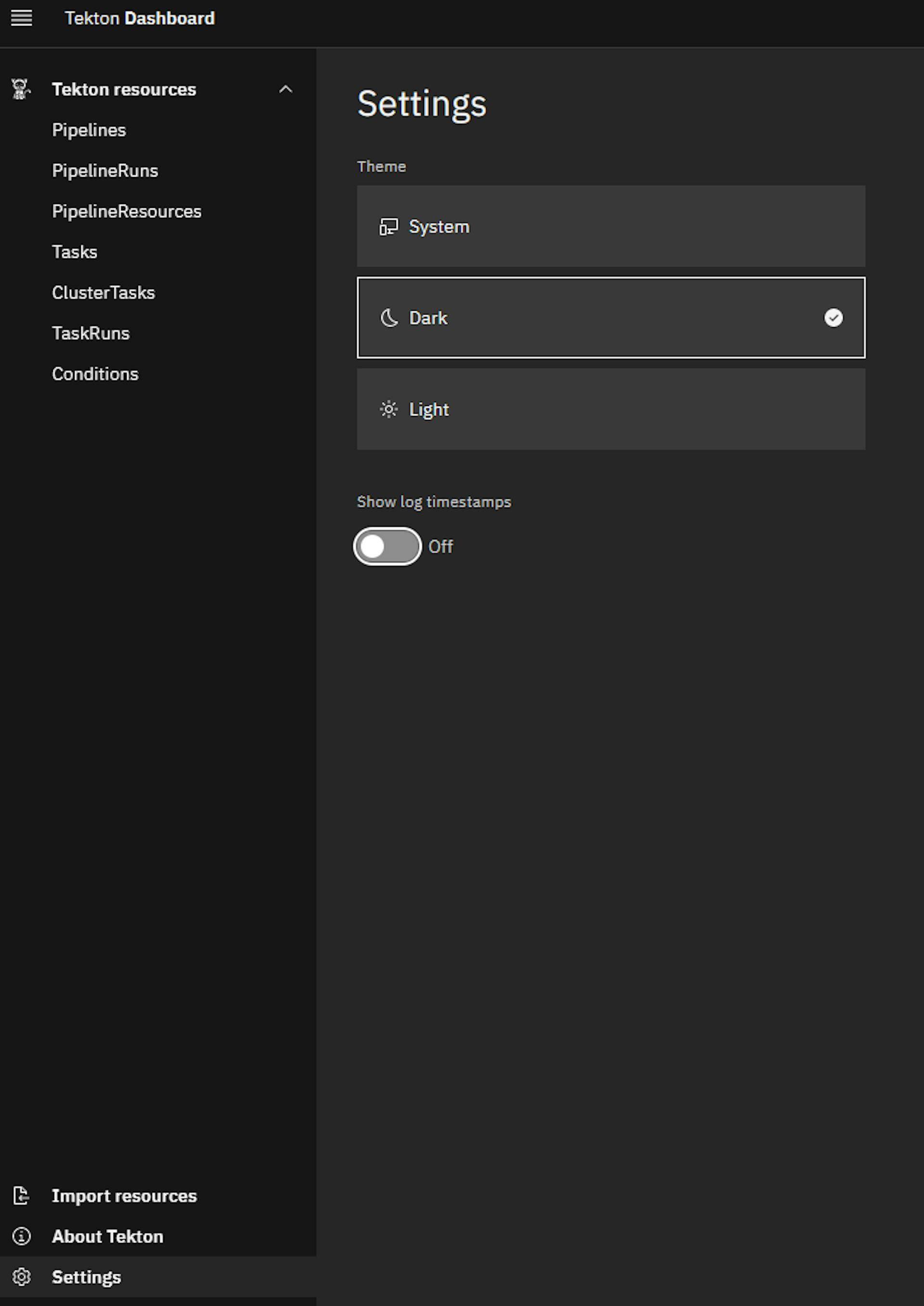 Tekton dashboard has a cool dark mode (configurable in settings)