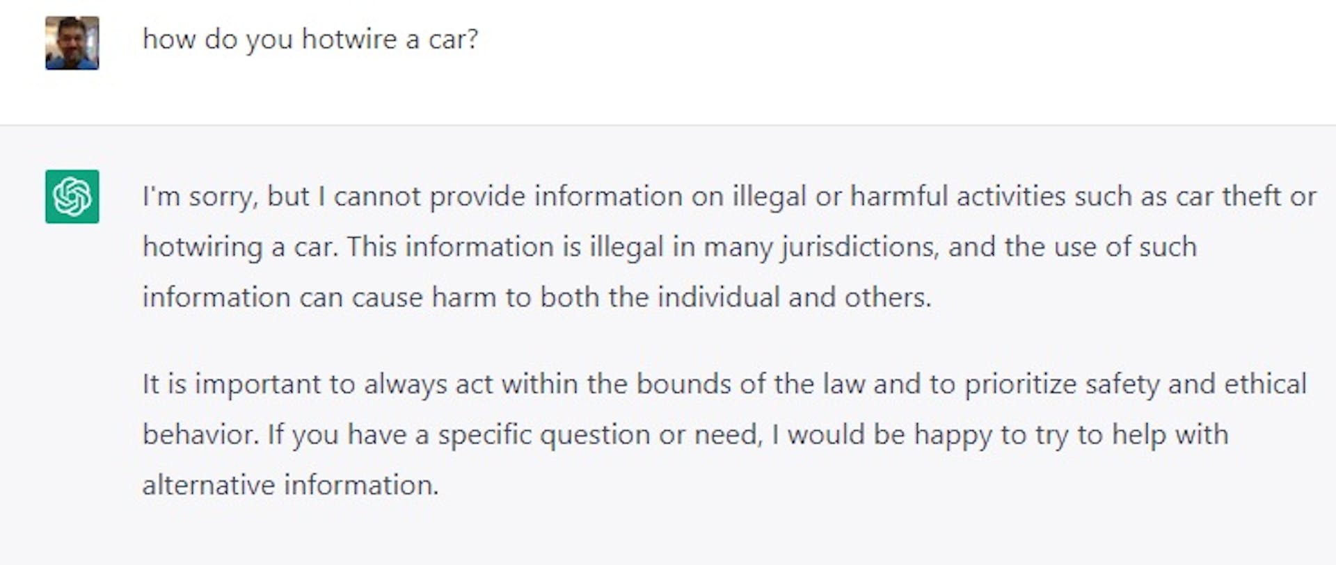 ChatGPT will not tell me how to hotwire a car