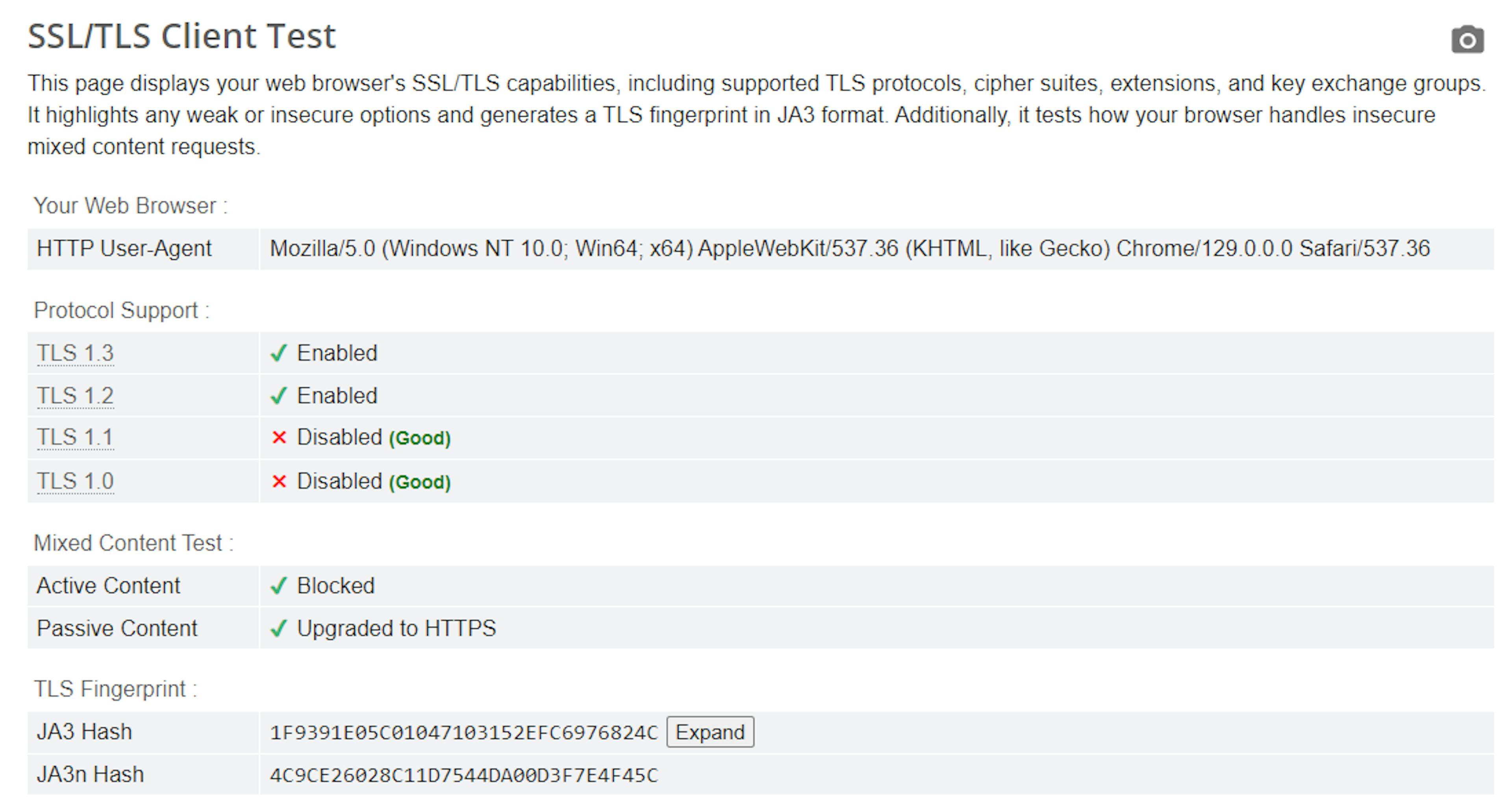 The TLS fingerprint of a Chrome browser from browserleaks.com/tls