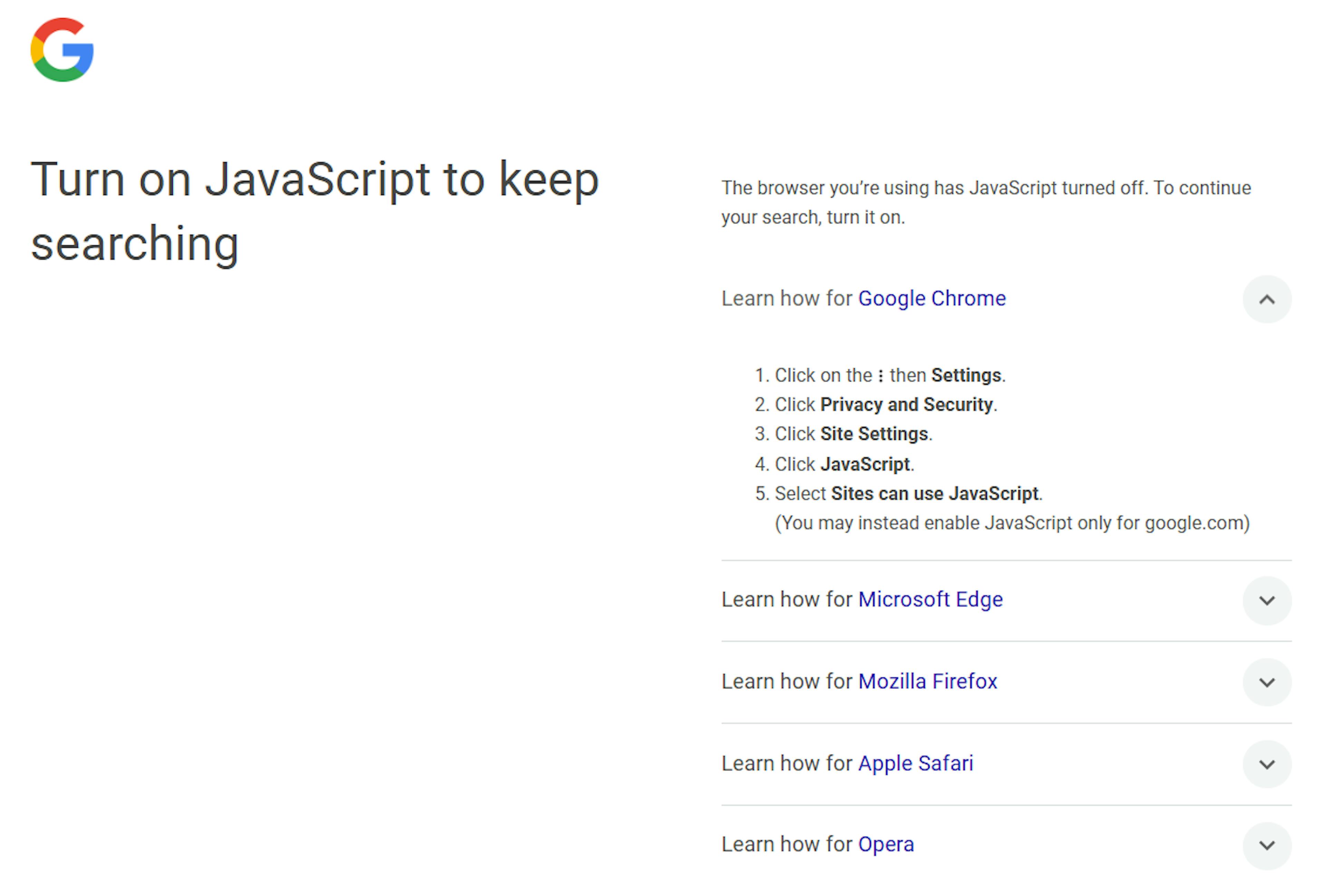 Google new “Scriptwall” asking you to turn on JavaScript