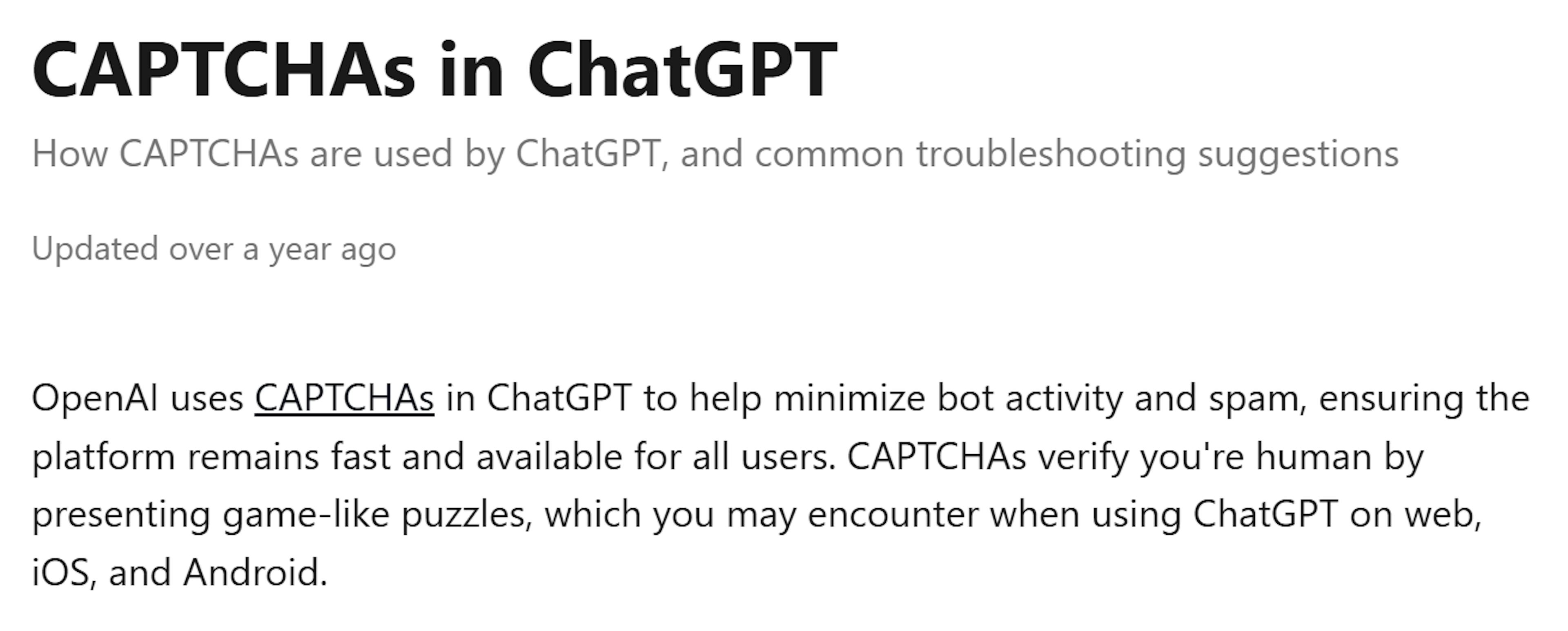 The “CAPTCHAs in ChatGPT” statement from the official Help center