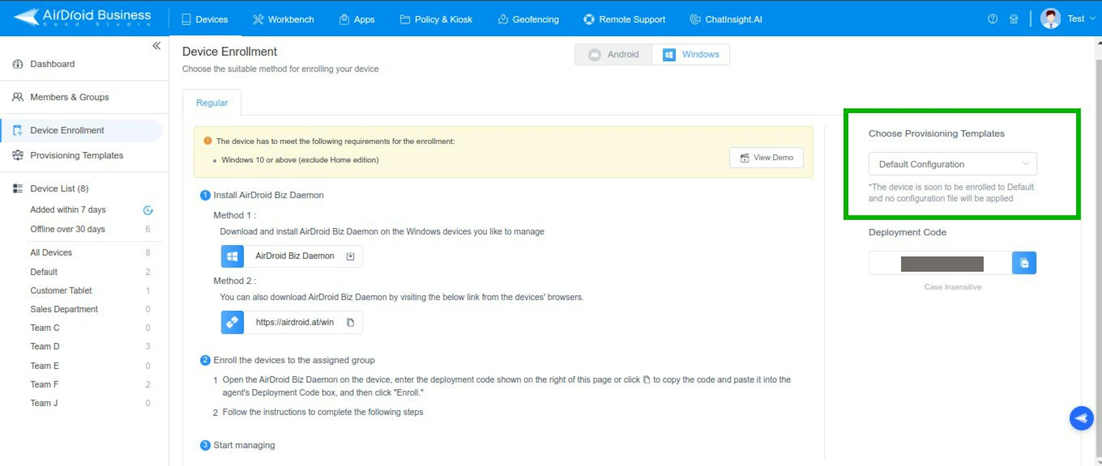 Image caption: Windows device enrollment templates (highlighted in green).