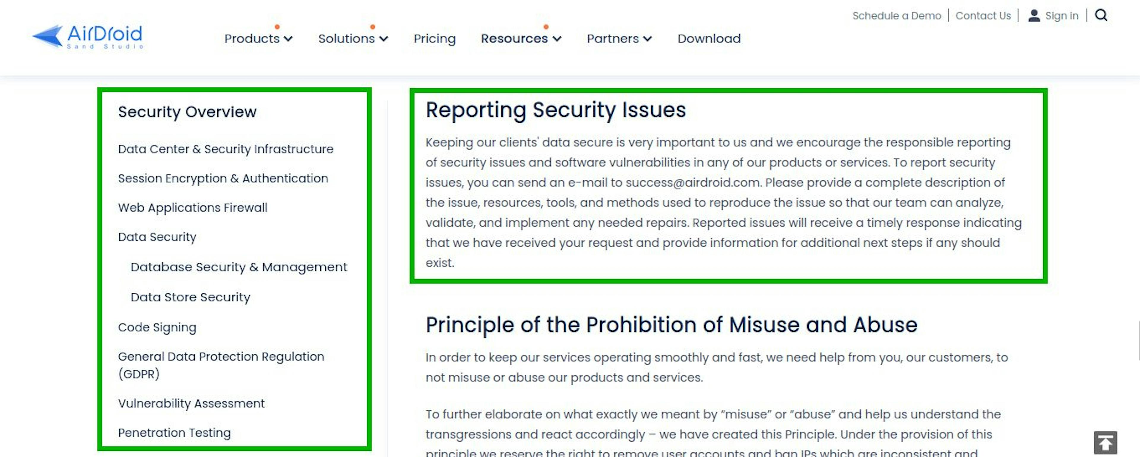 Image source: AirDroid.com. The screenshot shows the reporting security issues process.