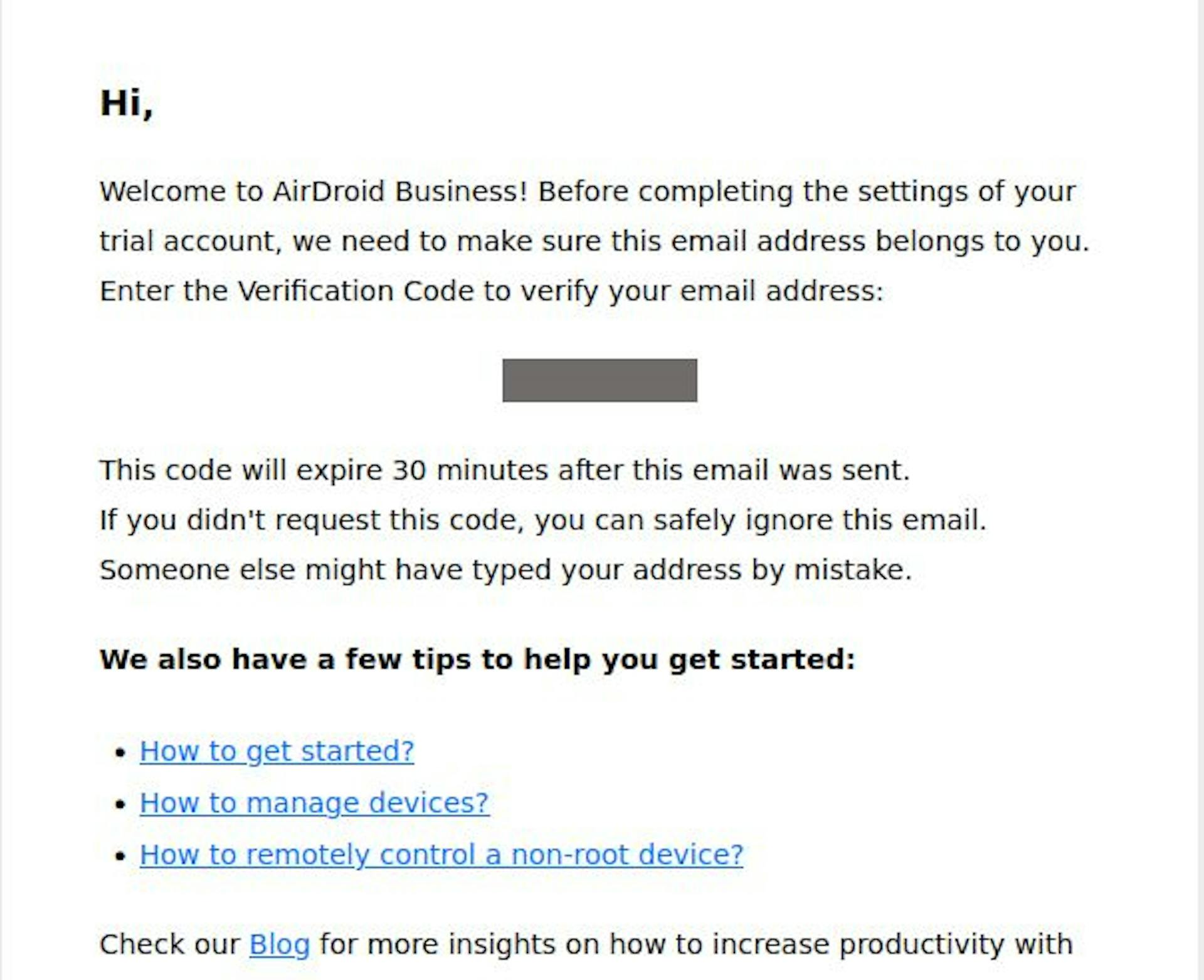 Image caption: AirDroid Business verification email example.