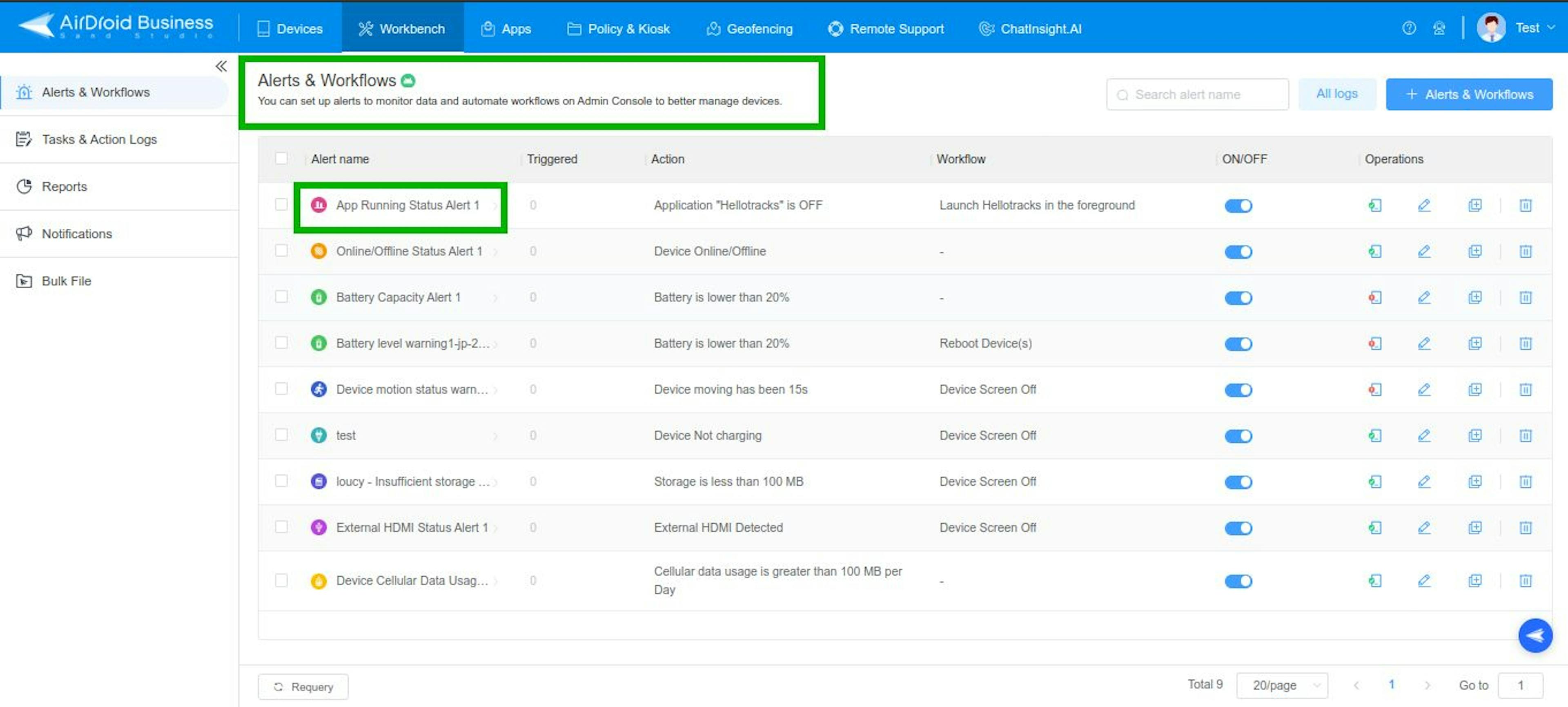 Image caption: AirDroid Business alerts feature.