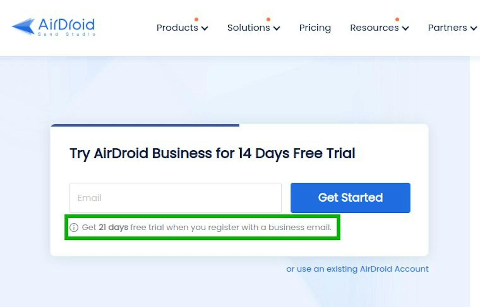 Image caption: AirDroid Business Free Trial Sign Up. 