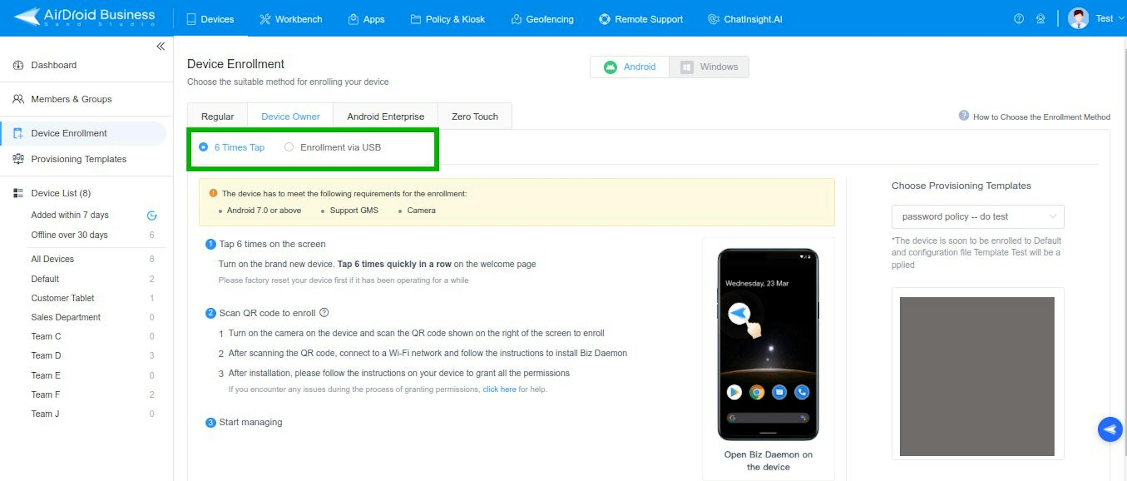 Image caption: AirDroid Business Android device 6 times tap enrollment screen.