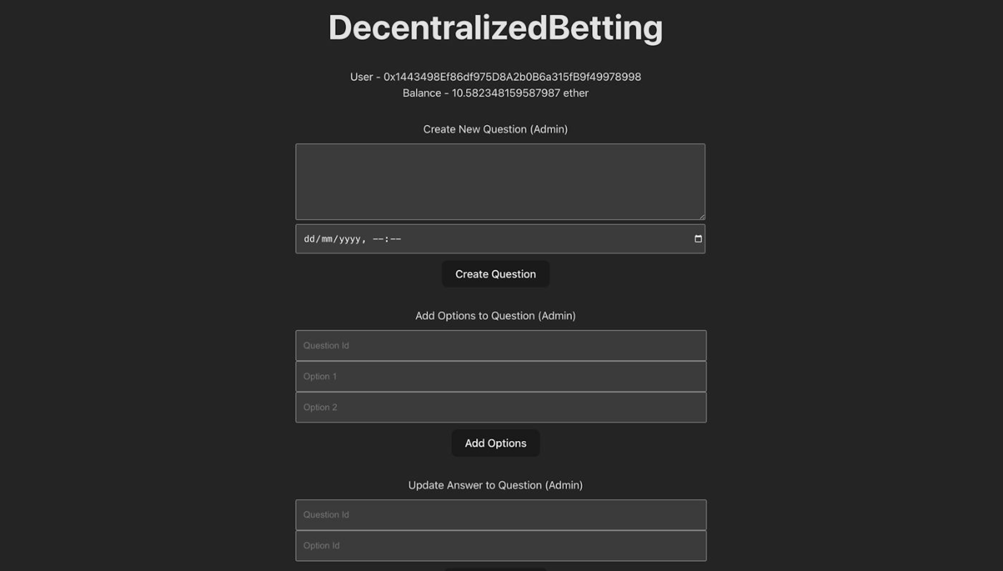 Image of the decentralized betting app's frontend.