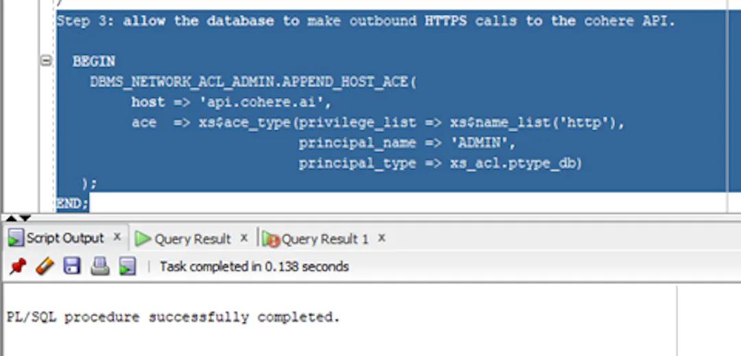 Fig. 4.  Successful execution of DBMS_NETWORK_ACL_ADMIN.APPEND_HOST_ACE.