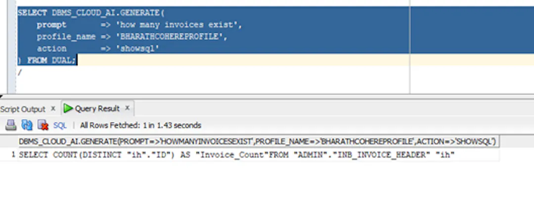 Fig. 6.  Result of the showsql action generating the SQL statement.