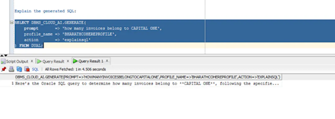 Fig. 9.  Result of the explainsql action explaining the generated query logic.