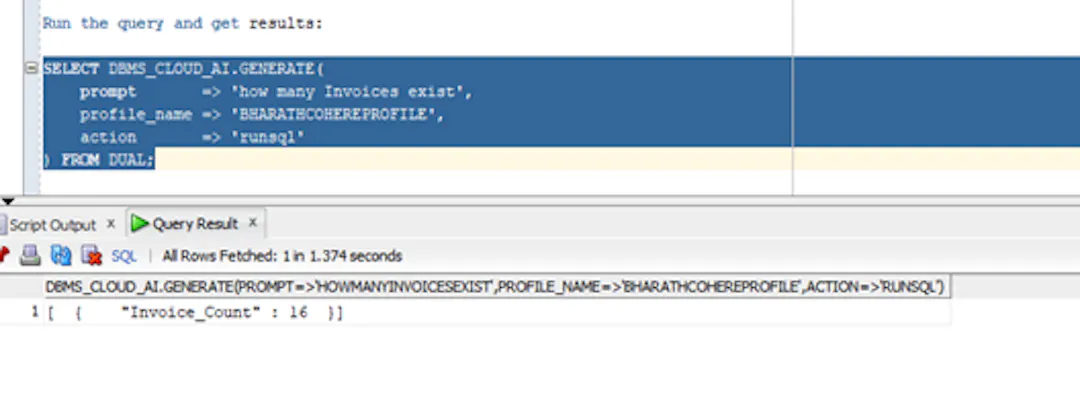 Fig. 7.  Result of the runsql action returning the total invoice count.