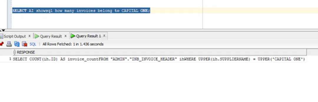 Fig. 11.  Shorthand SELECT AI showsql result for CAPITAL ONE invoices.