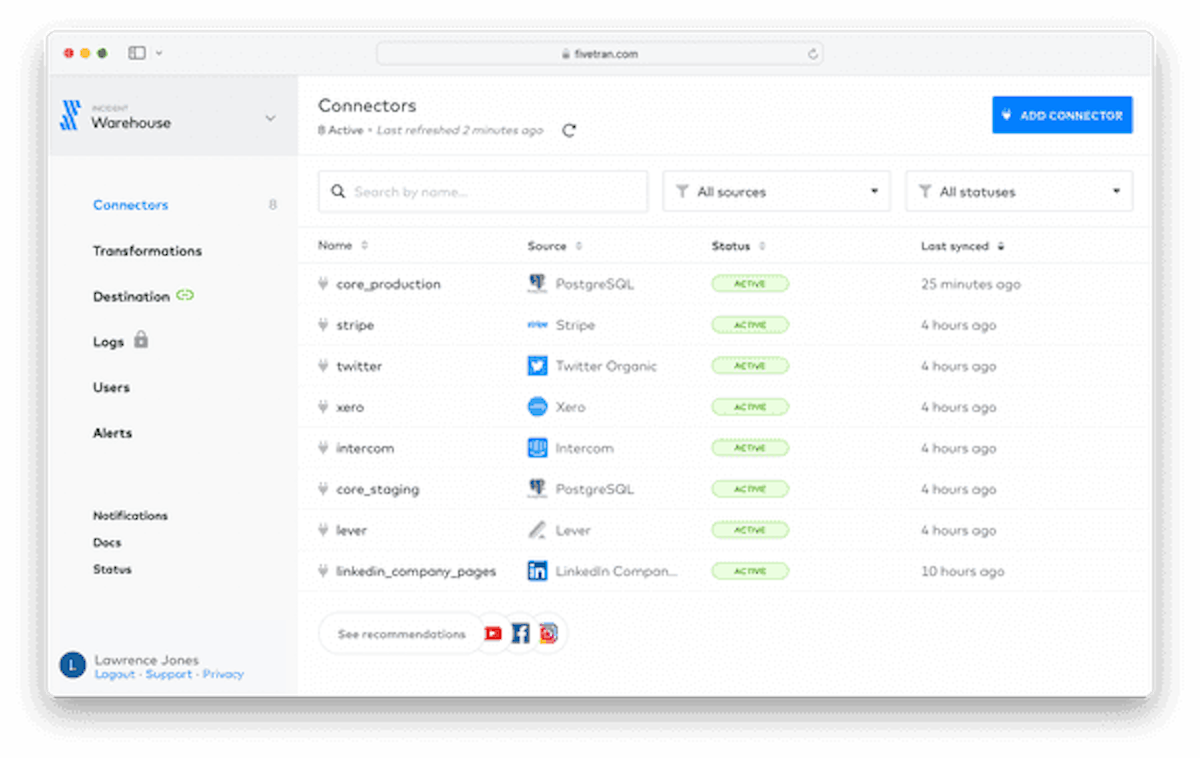 Screenshot of all the connectors in Fivetran