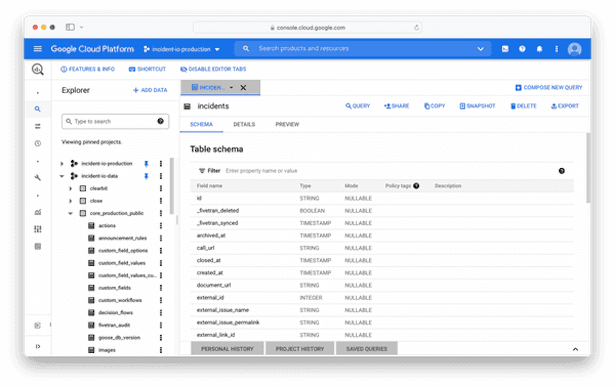 Screenshot of the Google Cloud Console showing BigQuery datasets