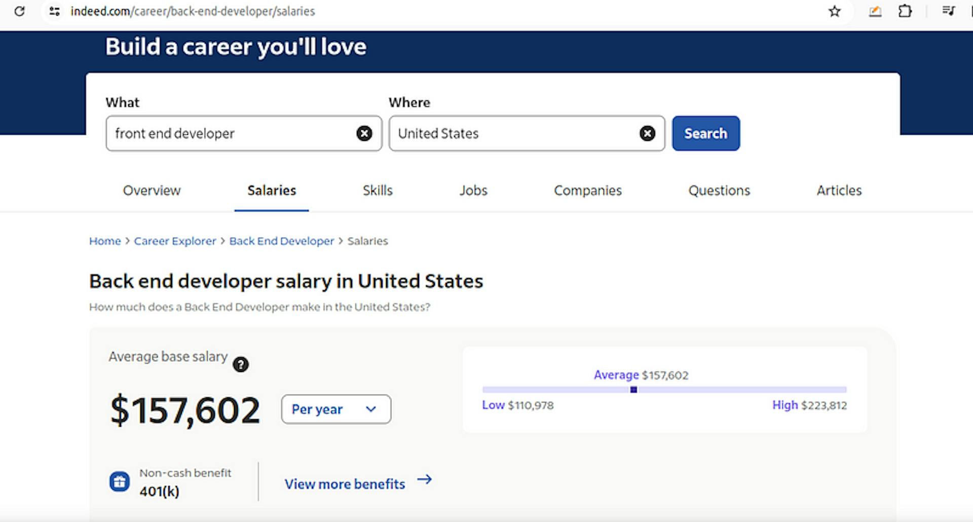 Back end developer avg salary in the U.S
