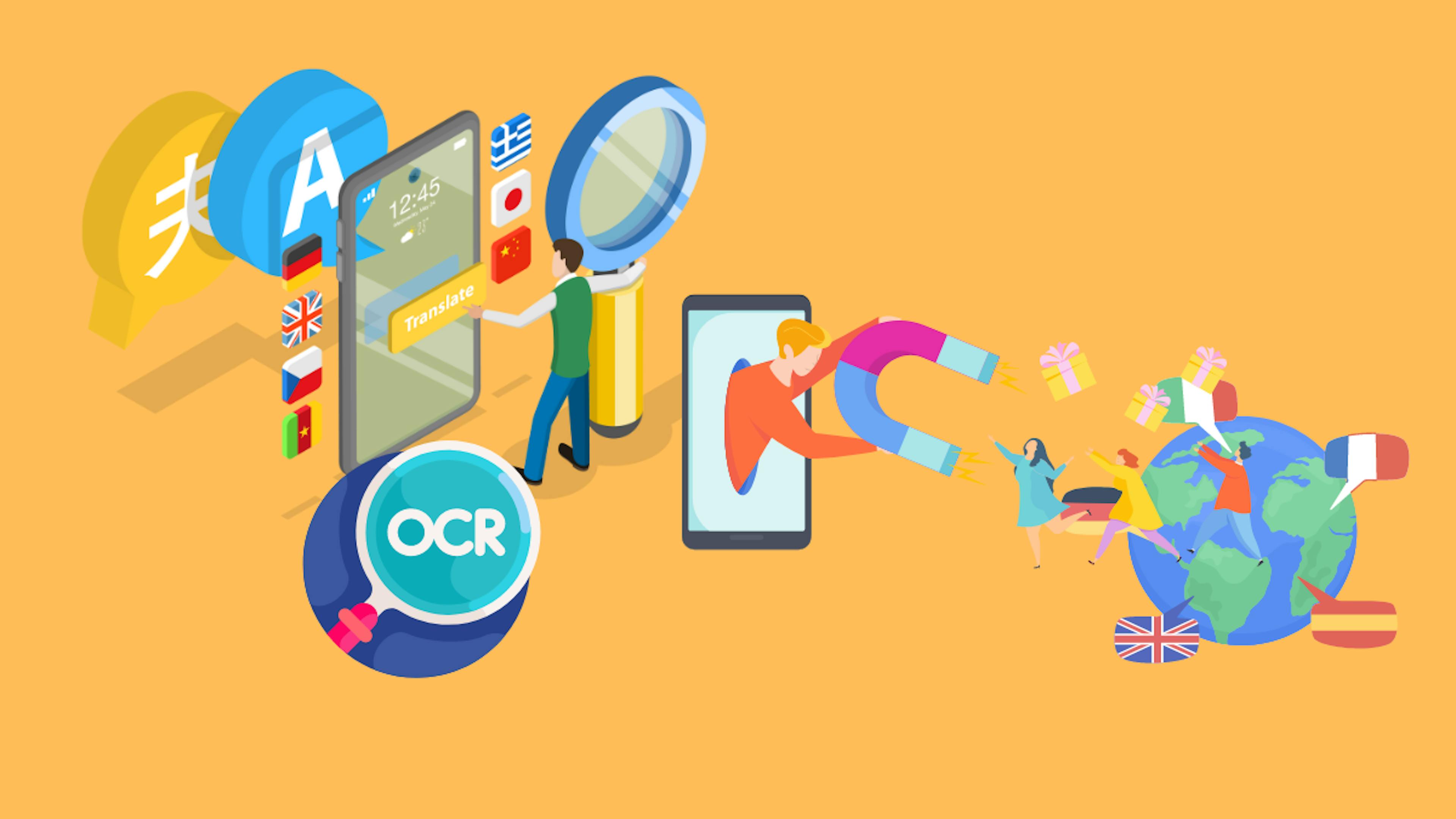 Illustration showing how multilingual OCR and translation tools enhance global communication by processing text in various languages through mobile devices, making it accessible worldwide for diverse users and attracting them.