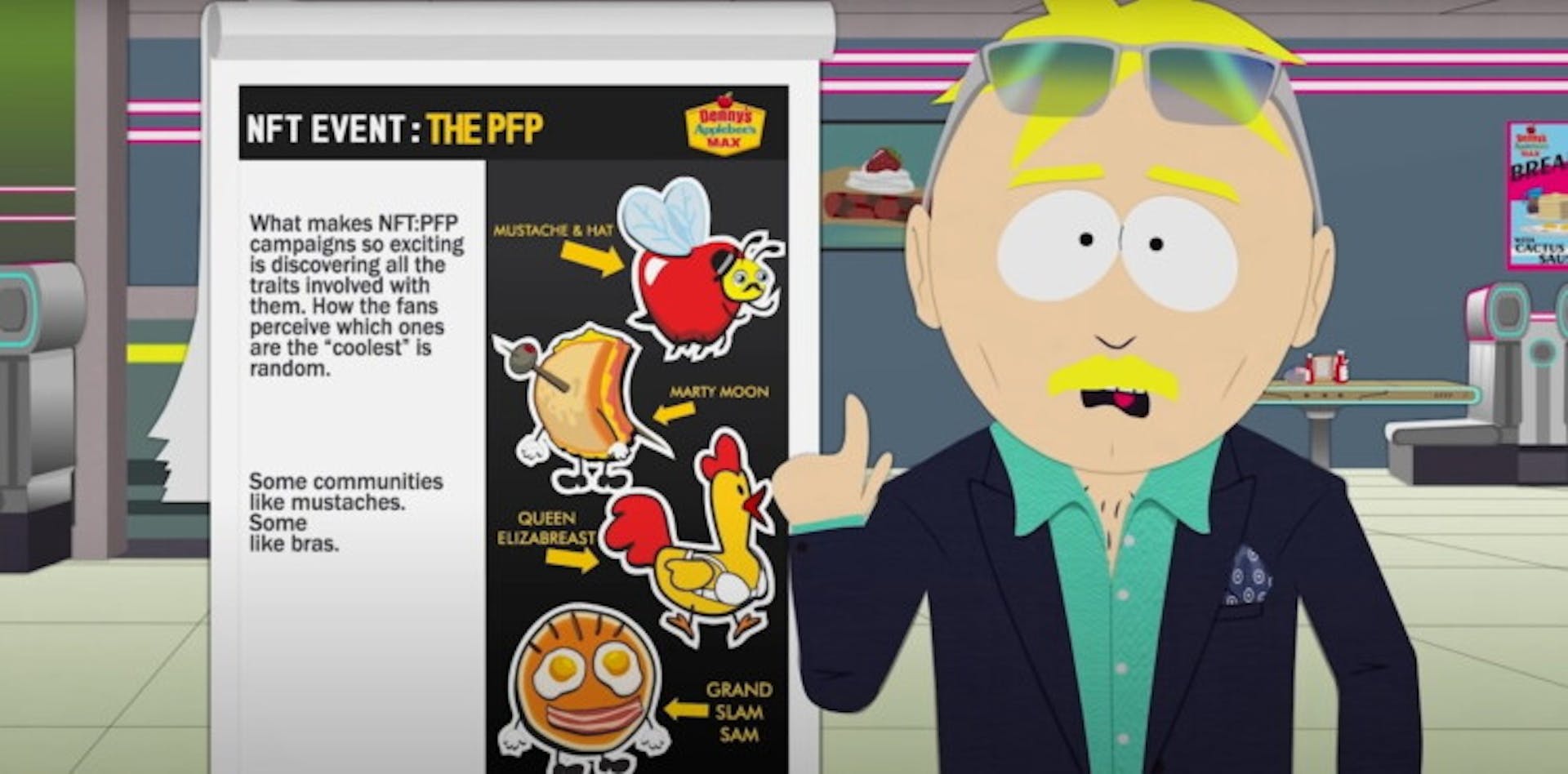 Leopold "Butters" Stotch convence a una cadena de comida rápida para que lance el NFT. Fotograma de un episodio especial de "South Park"