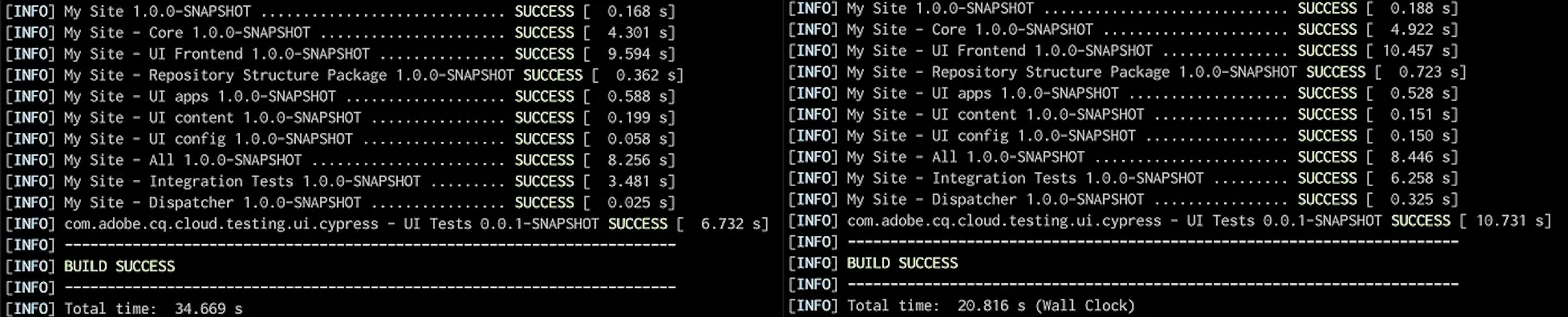 Simple Project — mvn (left) vs mvnd (right) build time