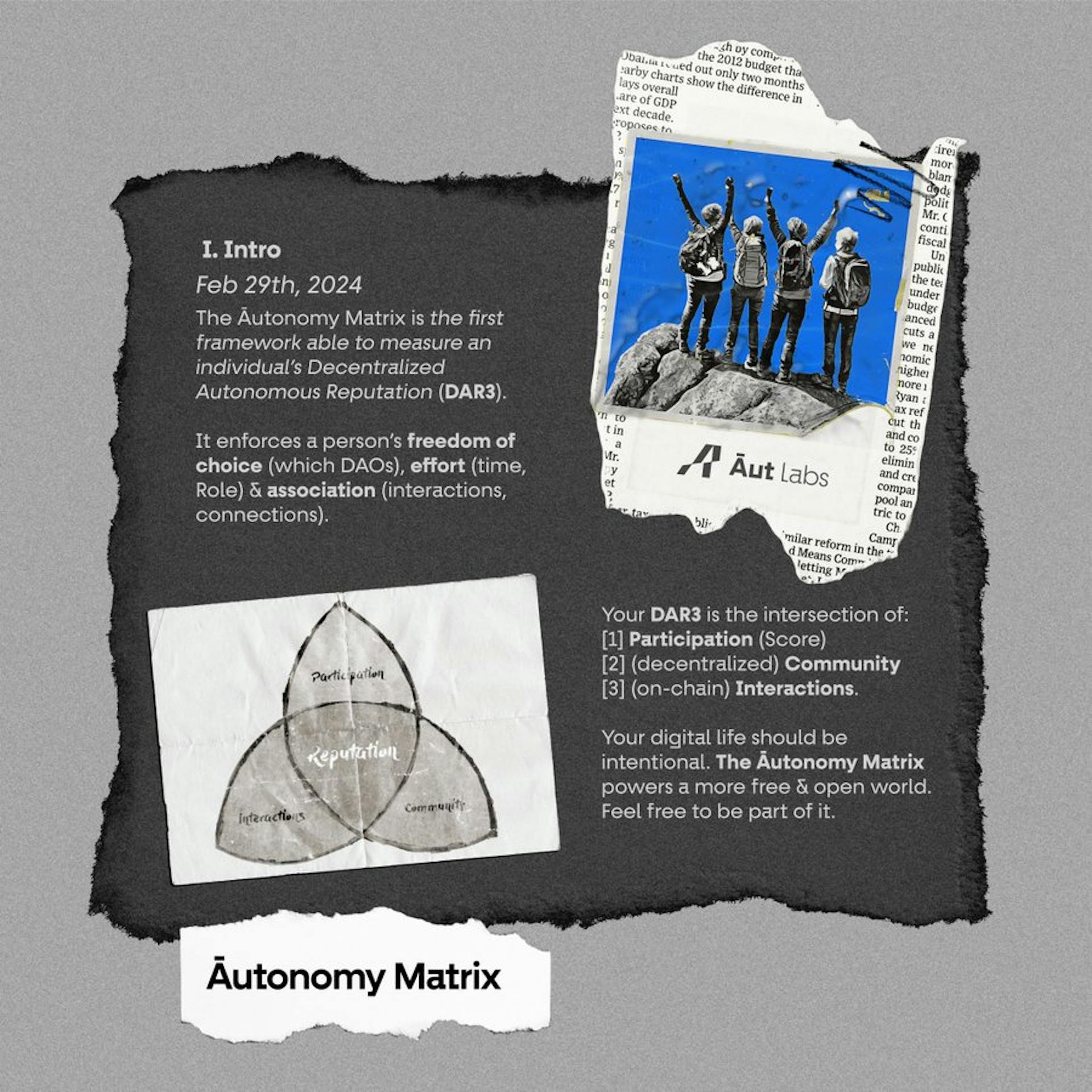 Āut Labs в X: «Today, we start introducing the Āutonomy Matrix. Āut Labs' unified framework to bring Decentralized, Autonomous Reputation (DAR3) to the people of the web. Here's your Intro: the Āutonomy Matrix itself. Have fun, be free, and don't trust the state 👌 #OptOut #āutonomy #DAR3 https://t.co/cuPI3irxN5» / X