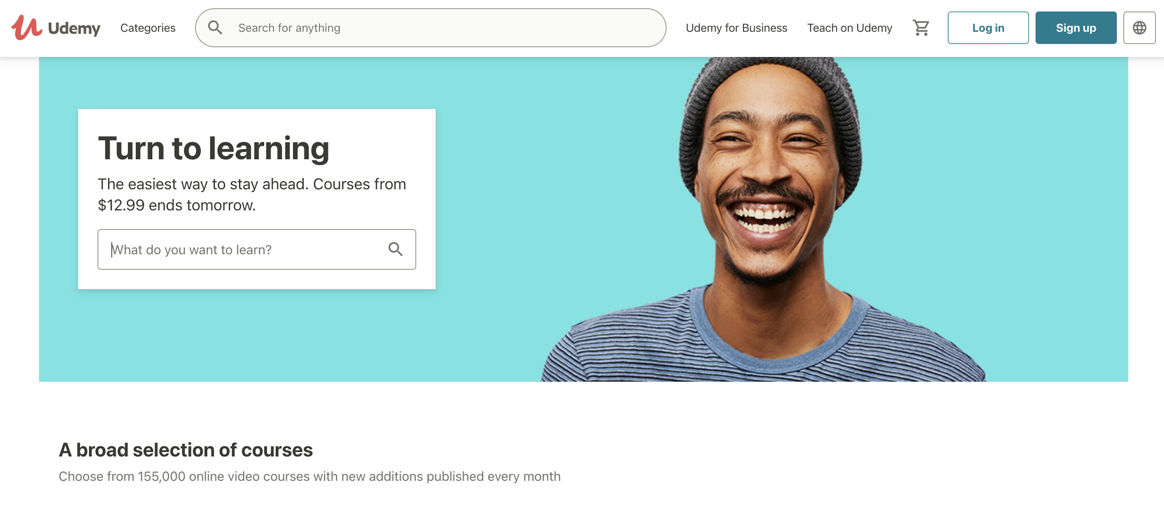 Udemy homepage welcomes with a search recommendation feature. Image: Udemy