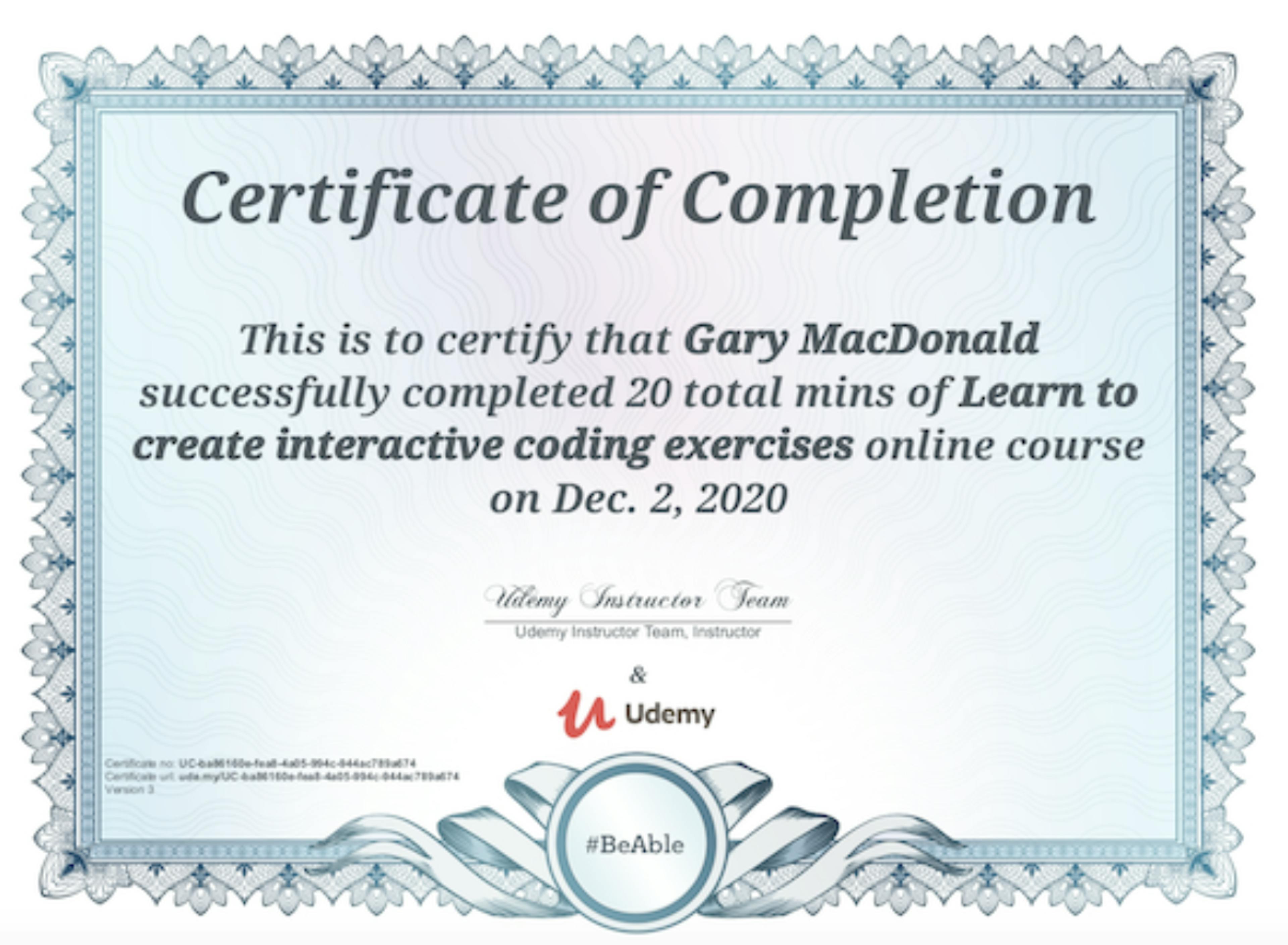 Udemy course completion certificate. Image: Udemy Support