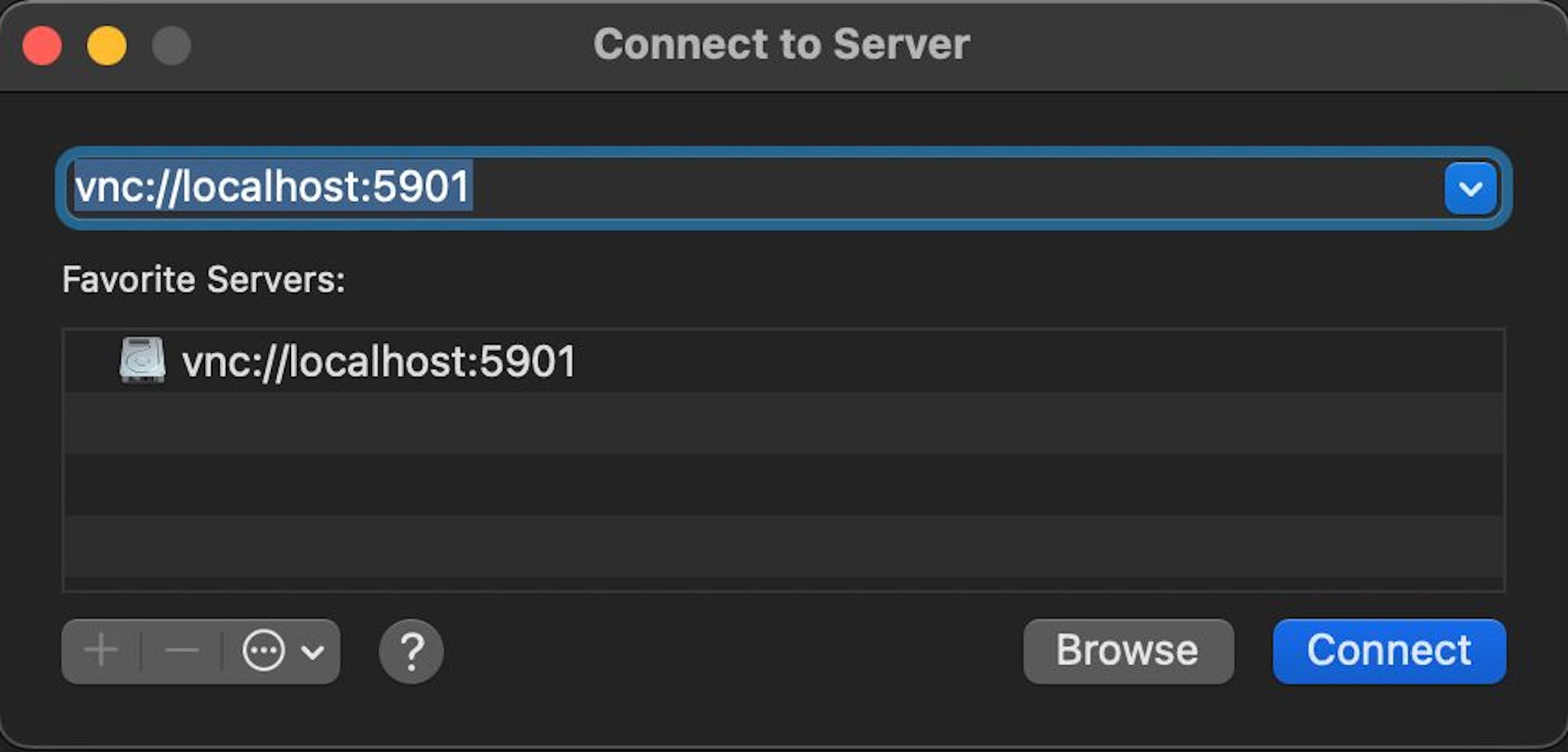 L'exemple de boîte de dialogue macOS 'Connect to Server' pointe vers vnc://localhost:5901