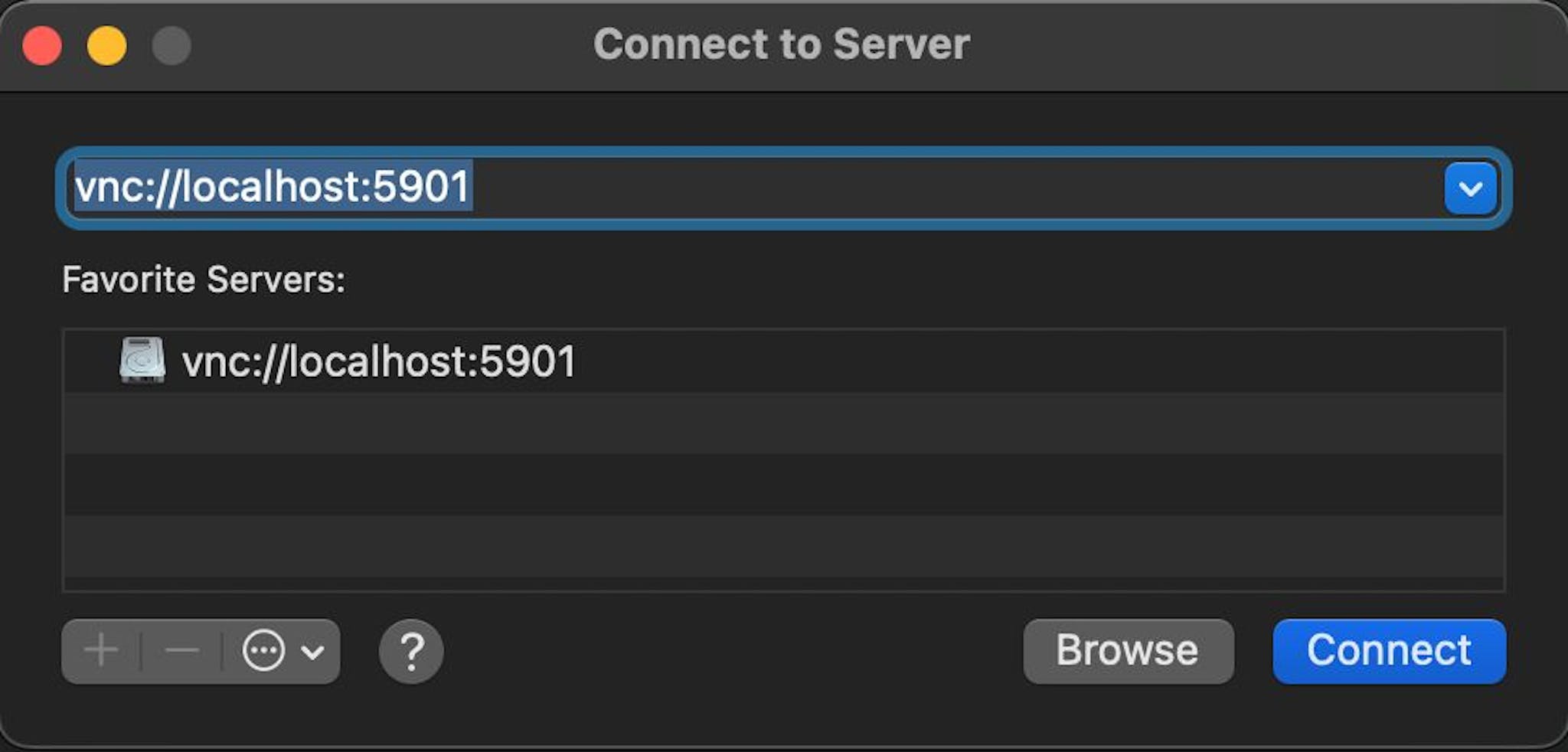 macOS 'Connect to Server' Dialog example pointed to vnc://localhost:5901