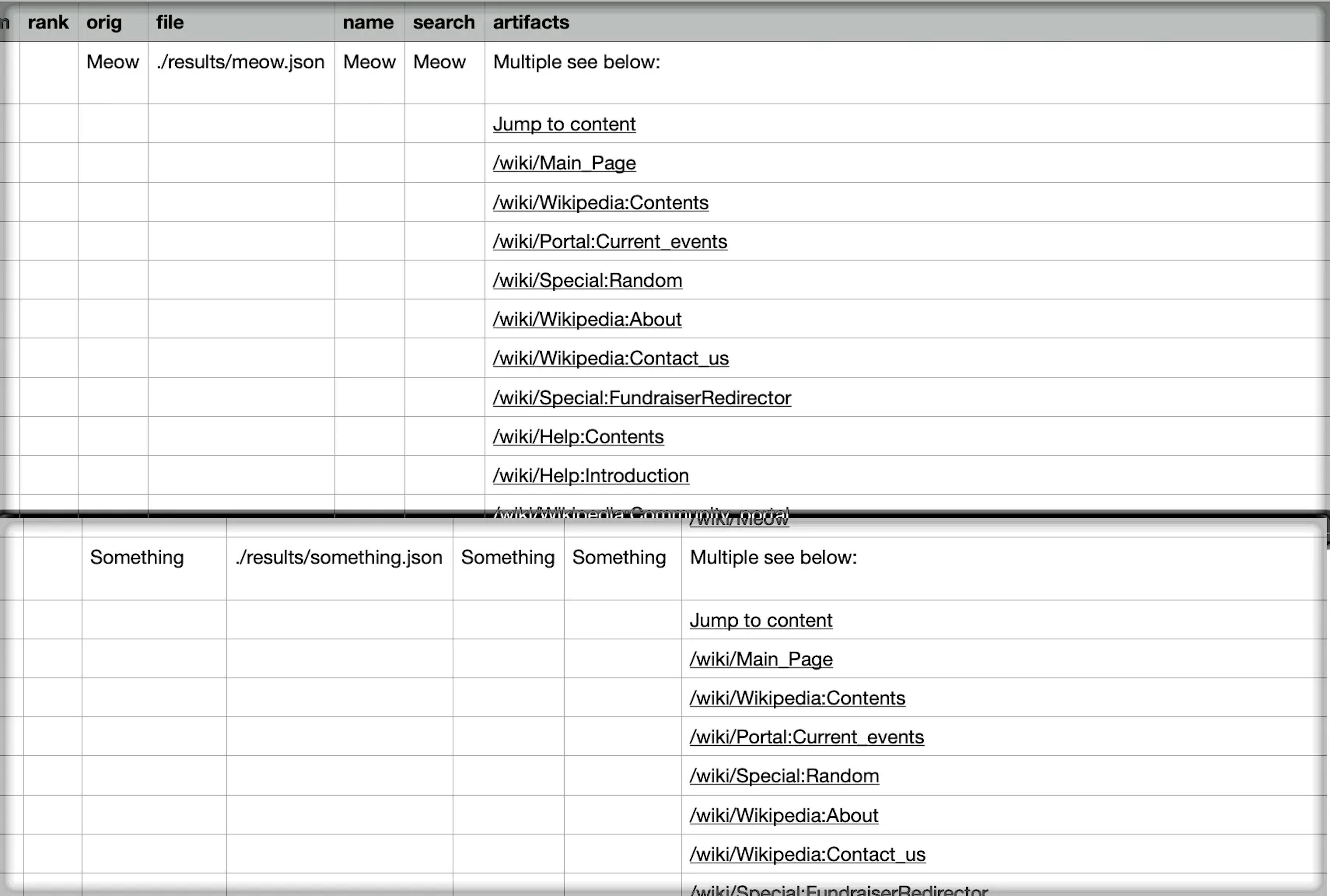 Trechos do relatório CSV mostrando colunas e dados