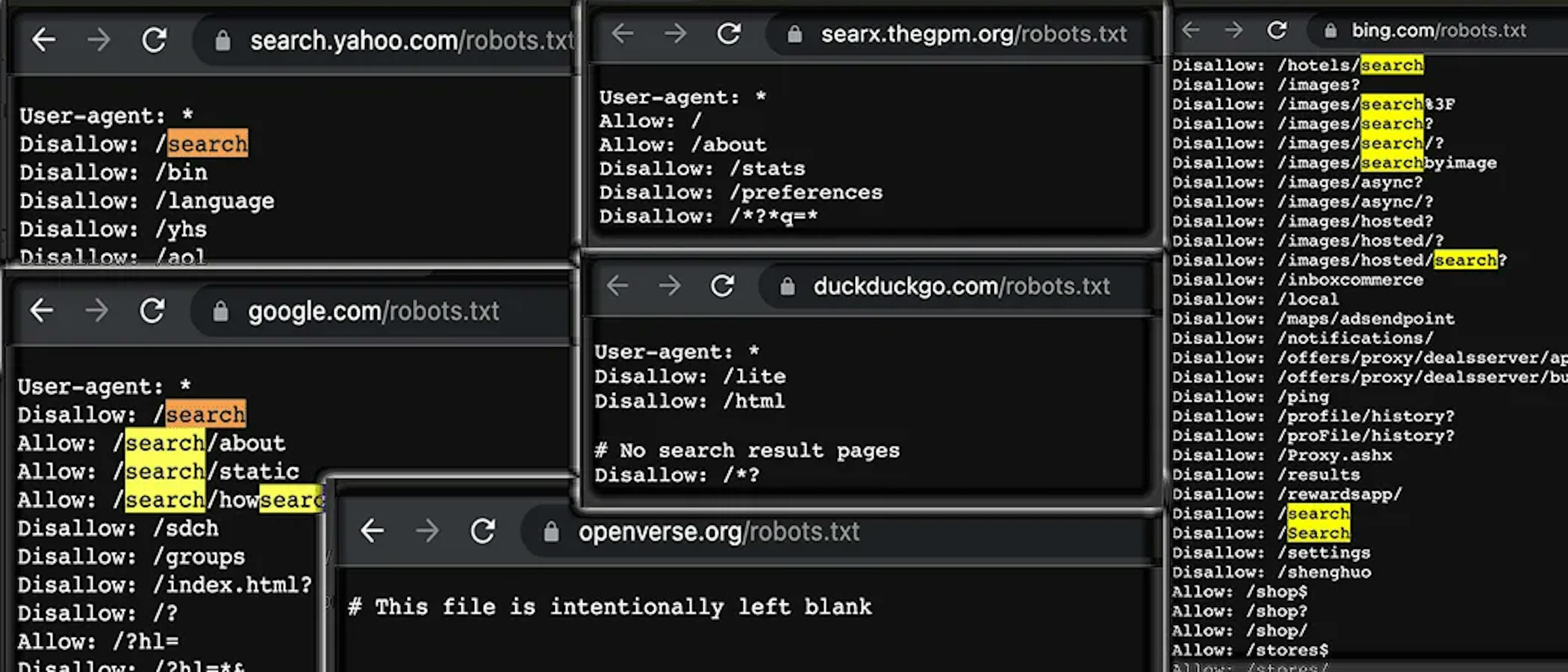 Comparaison des fichiers robots.txt d'un échantillon de différents moteurs de recherche