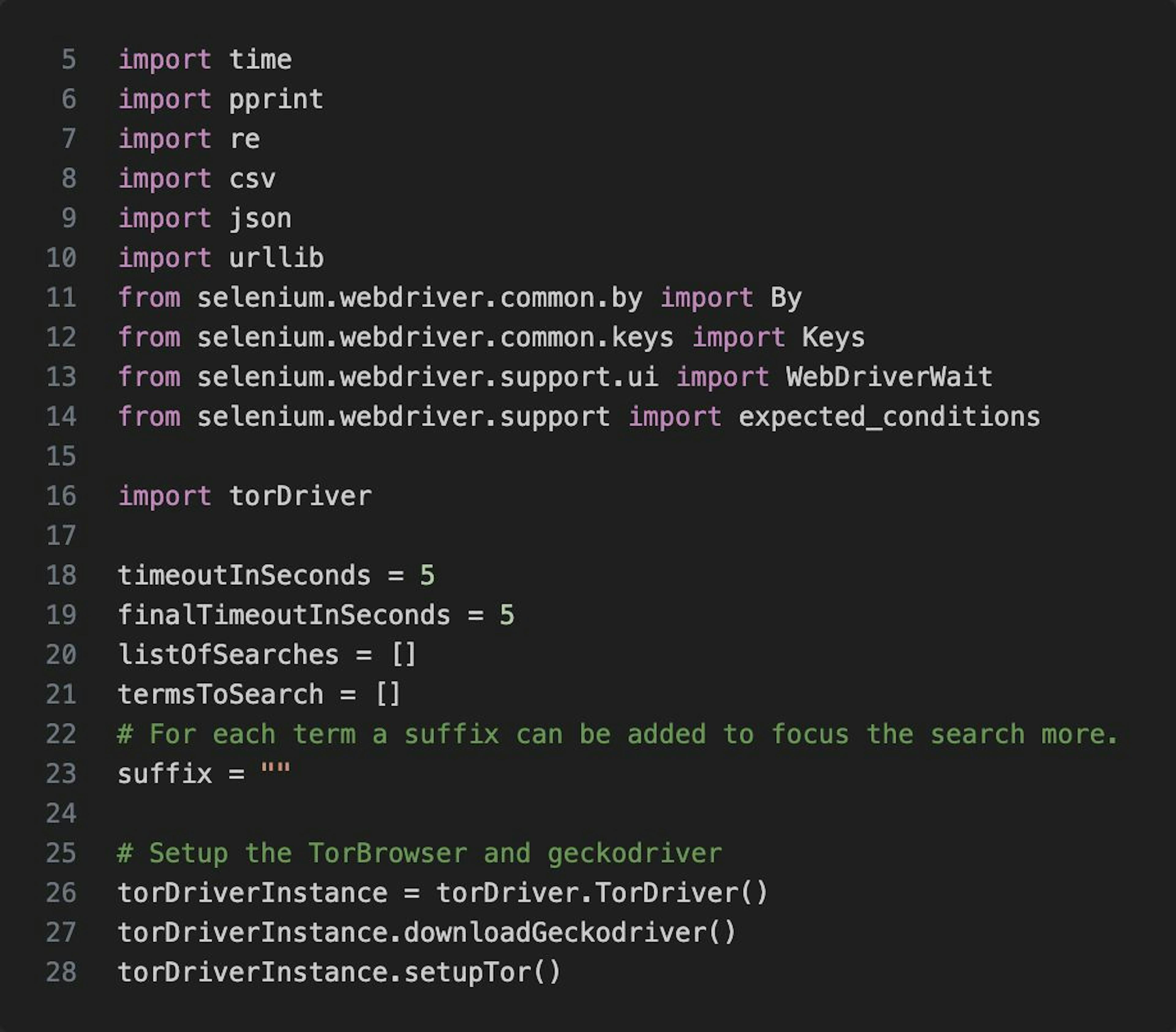 Importações, propriedades e métodos de configuração usados pelo rastreador