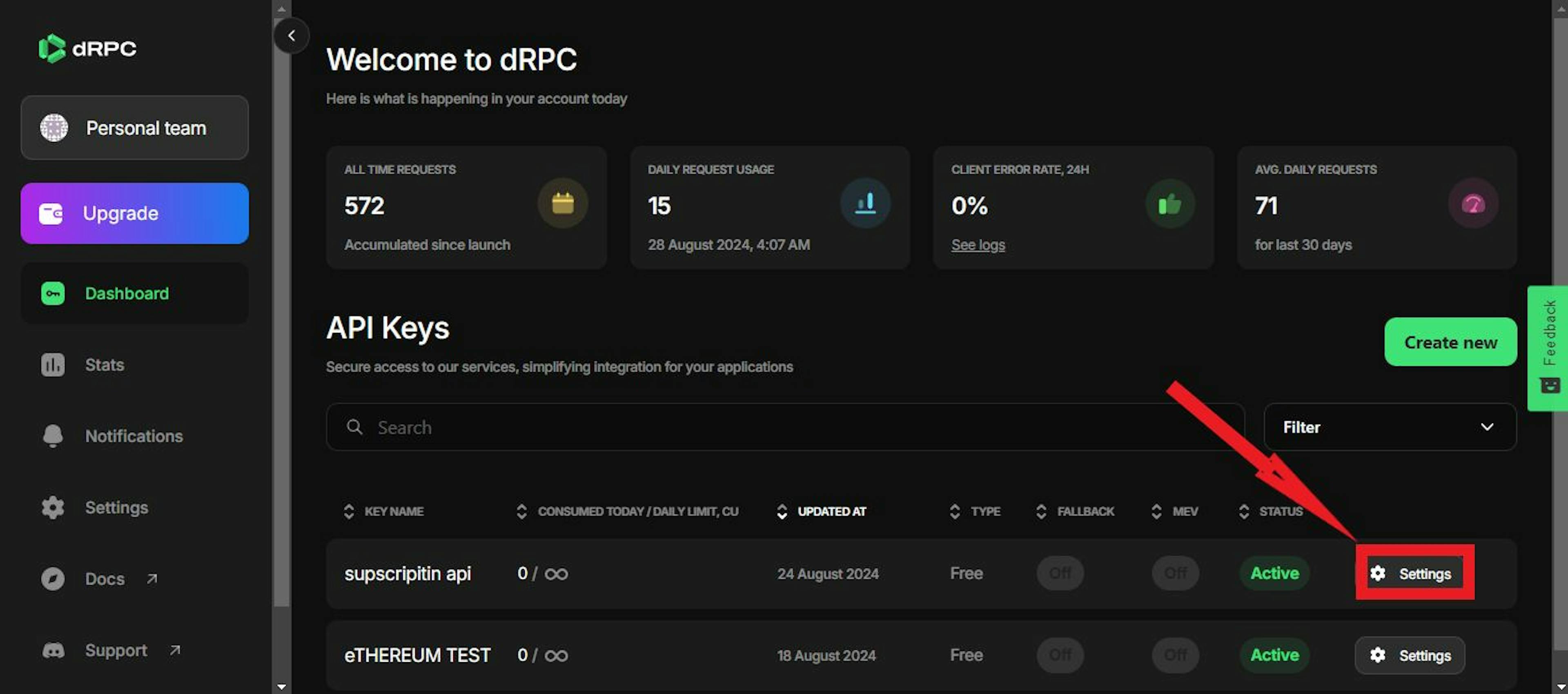 Click Settings to access the Environmental Variables needed for the project