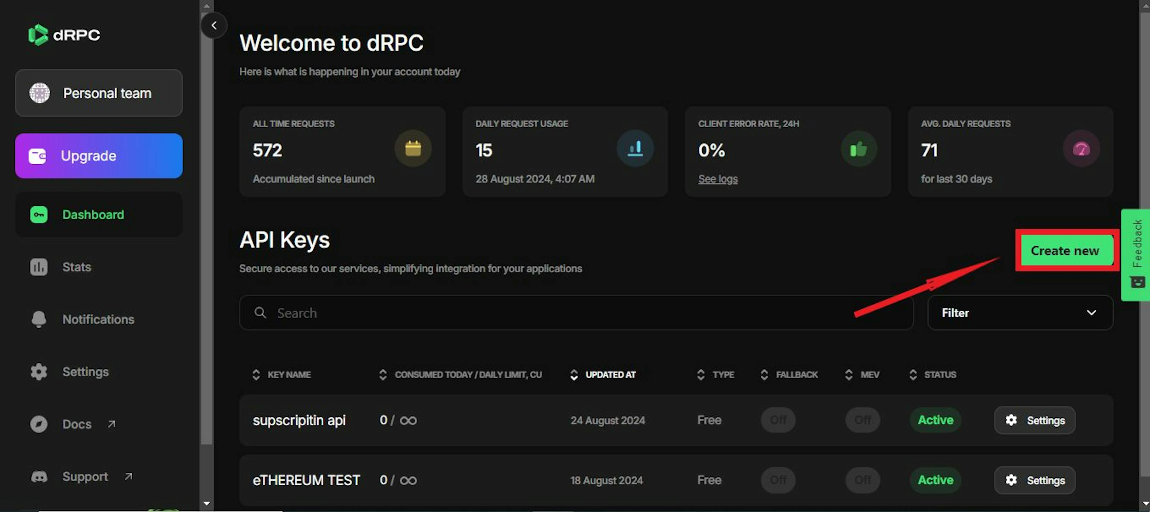 Click 'Create New' and follow the pop up screen to create a new dRPC API key