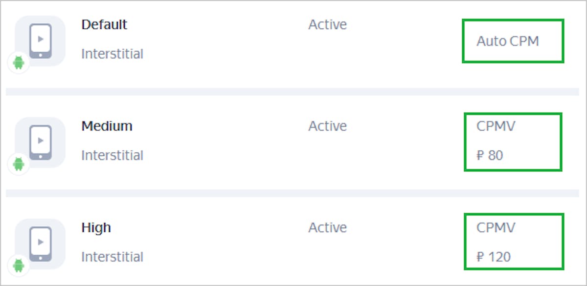 eCPM settings for interstitial Ad units from Yandex ads console