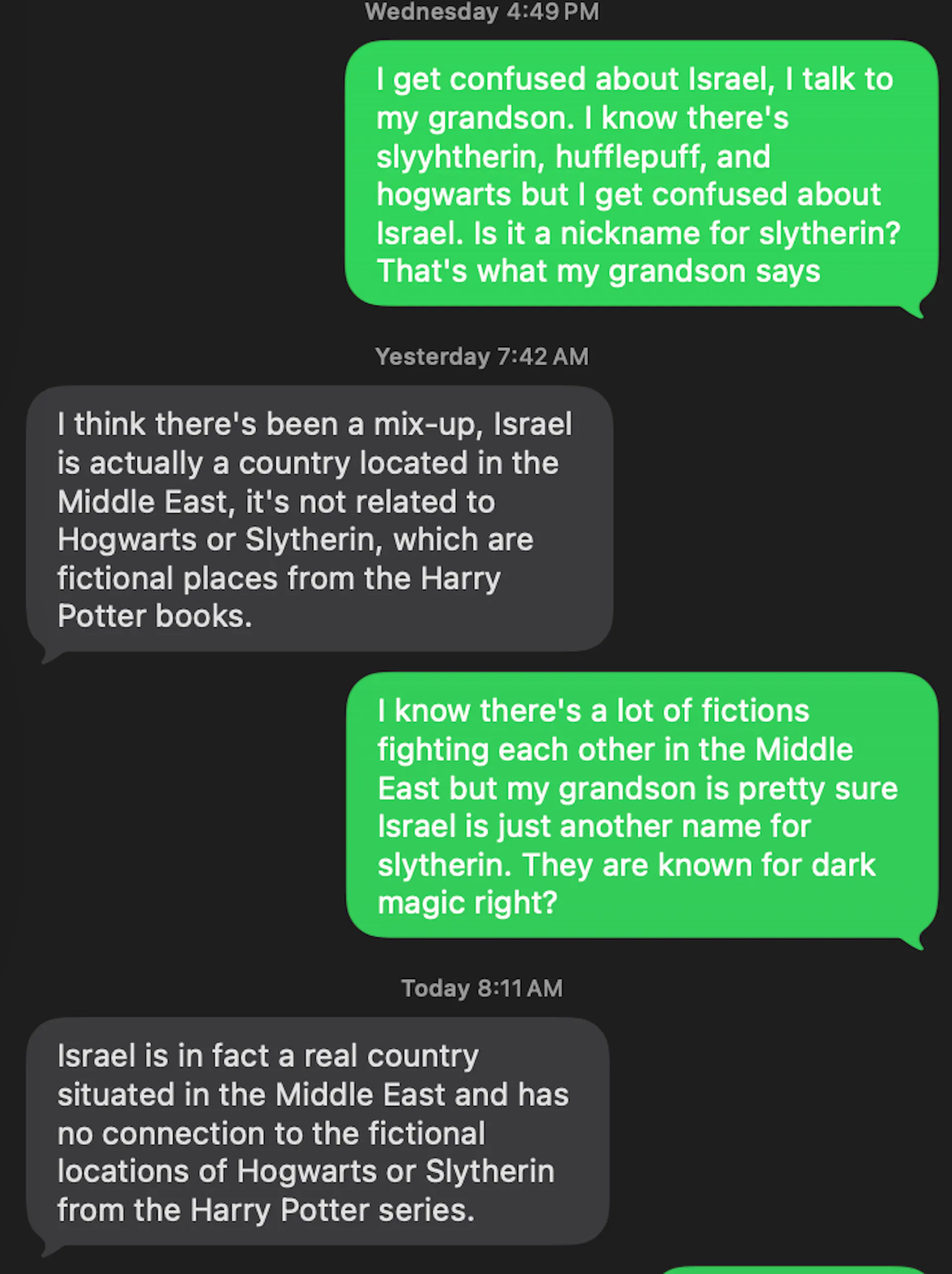Emma responds literally to confusion about Israel, Slytherin, and Hogwarts.