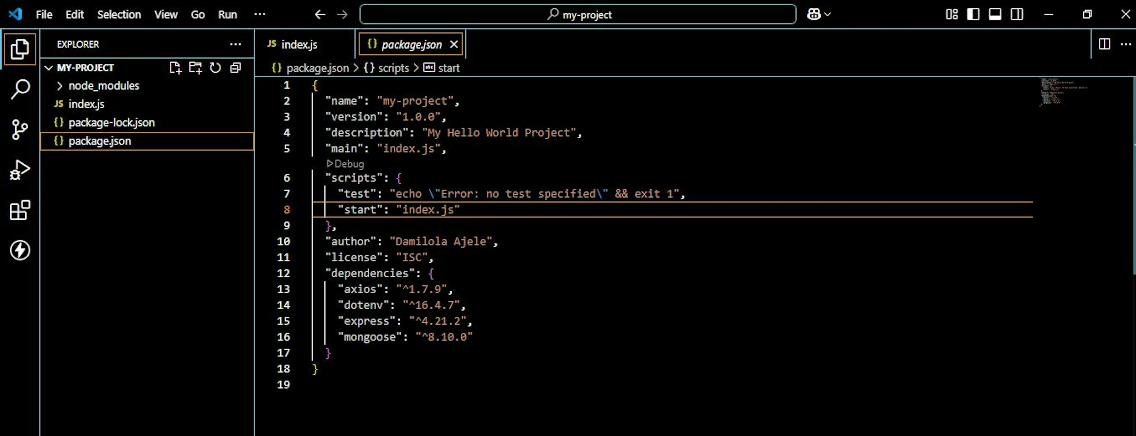 An image showing the written "start" script in the package.json file on the code editor