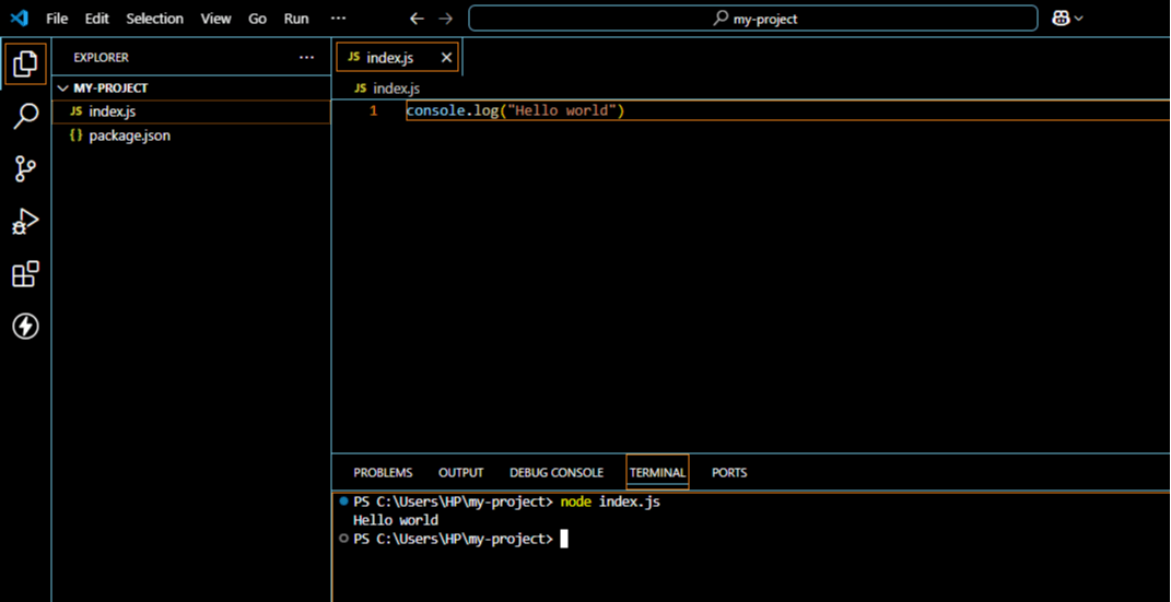 An image showing the index.js file and integrated terminal