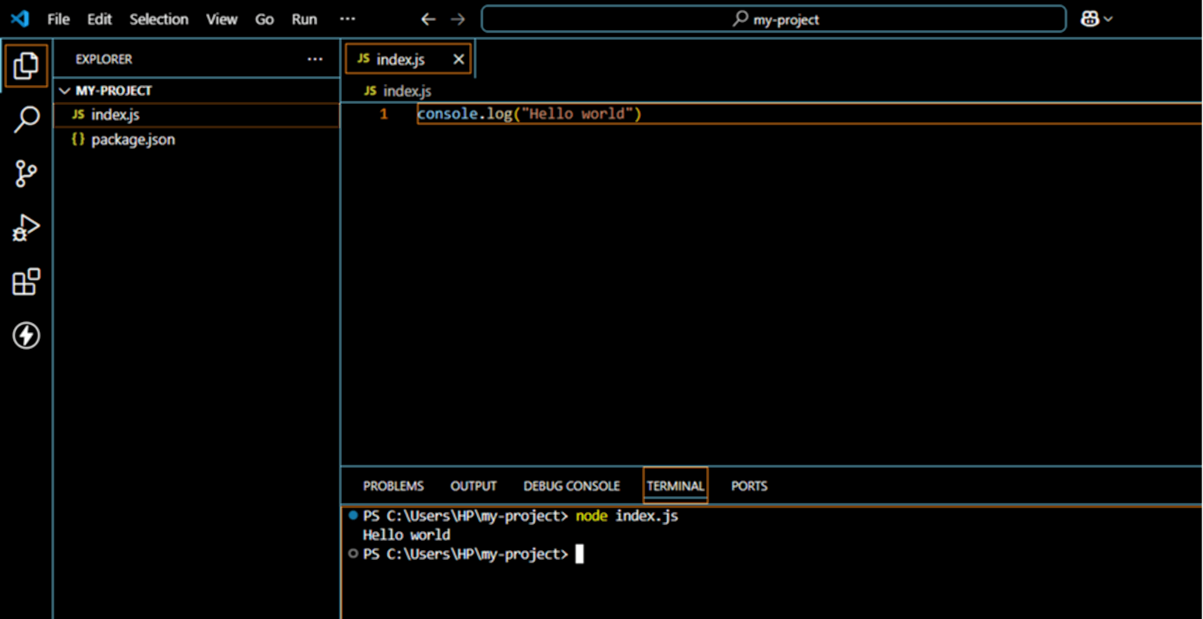 An image showing the index.js file and integrated terminal