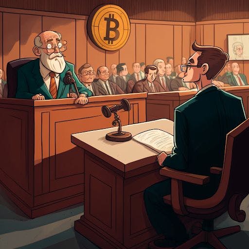  A visual representation of a courtroom where Bitcoin’s is being debated, having come under the test of time with mounting regulatory pressure. 
