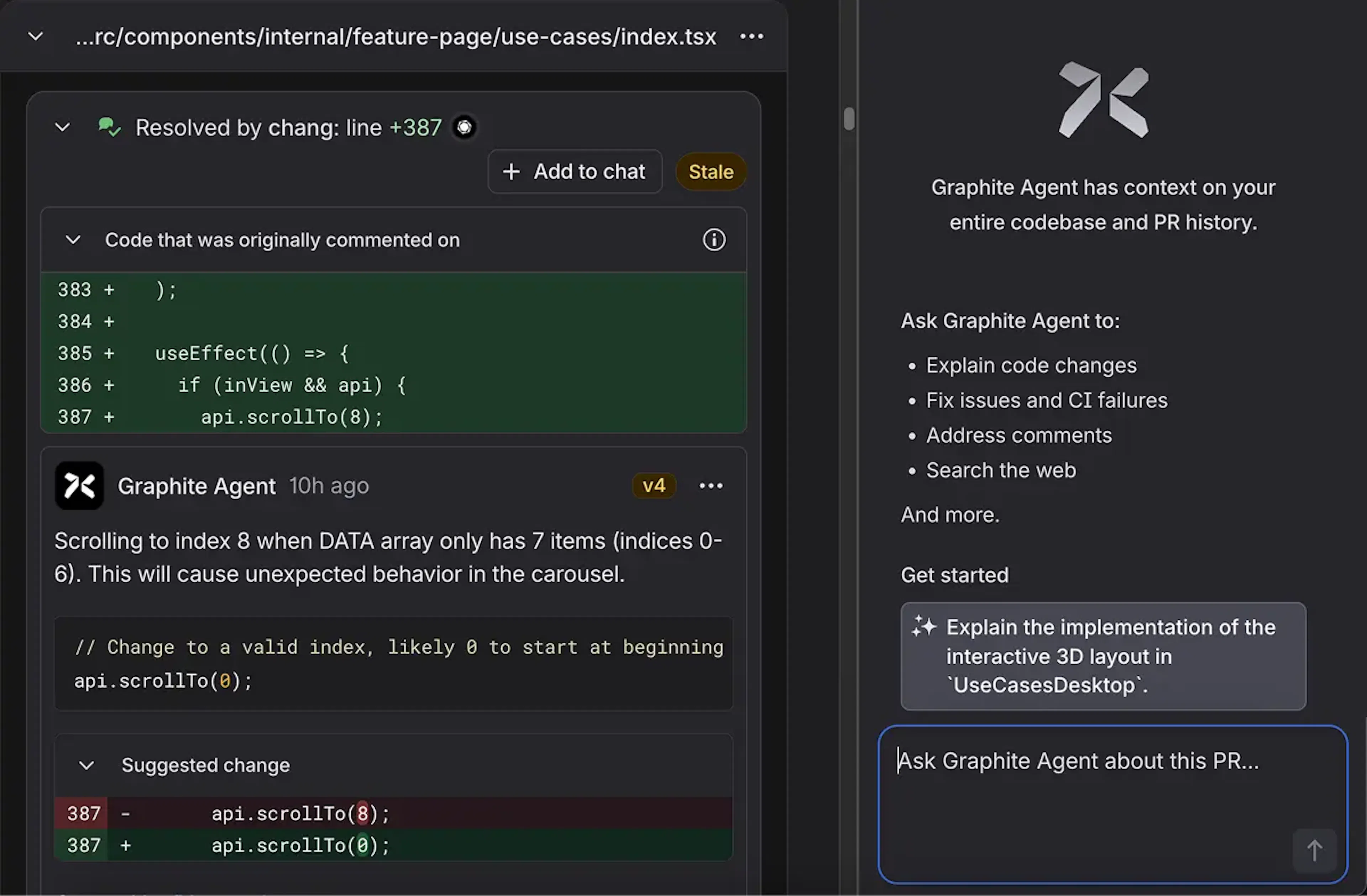 Graphite's Agent chatting with a user on code review