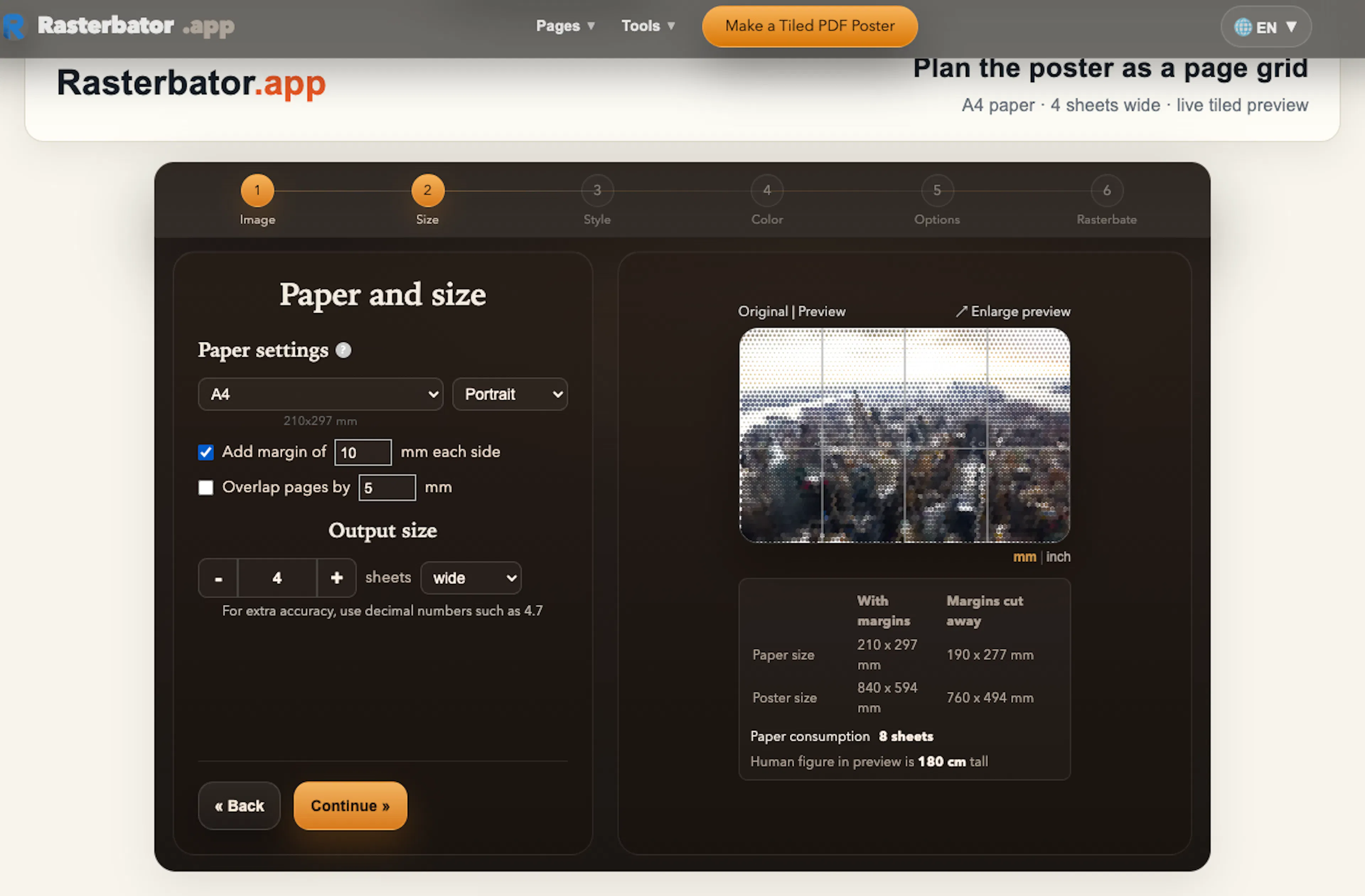 Browser preview showing a source image divided into labelled printable sheets
