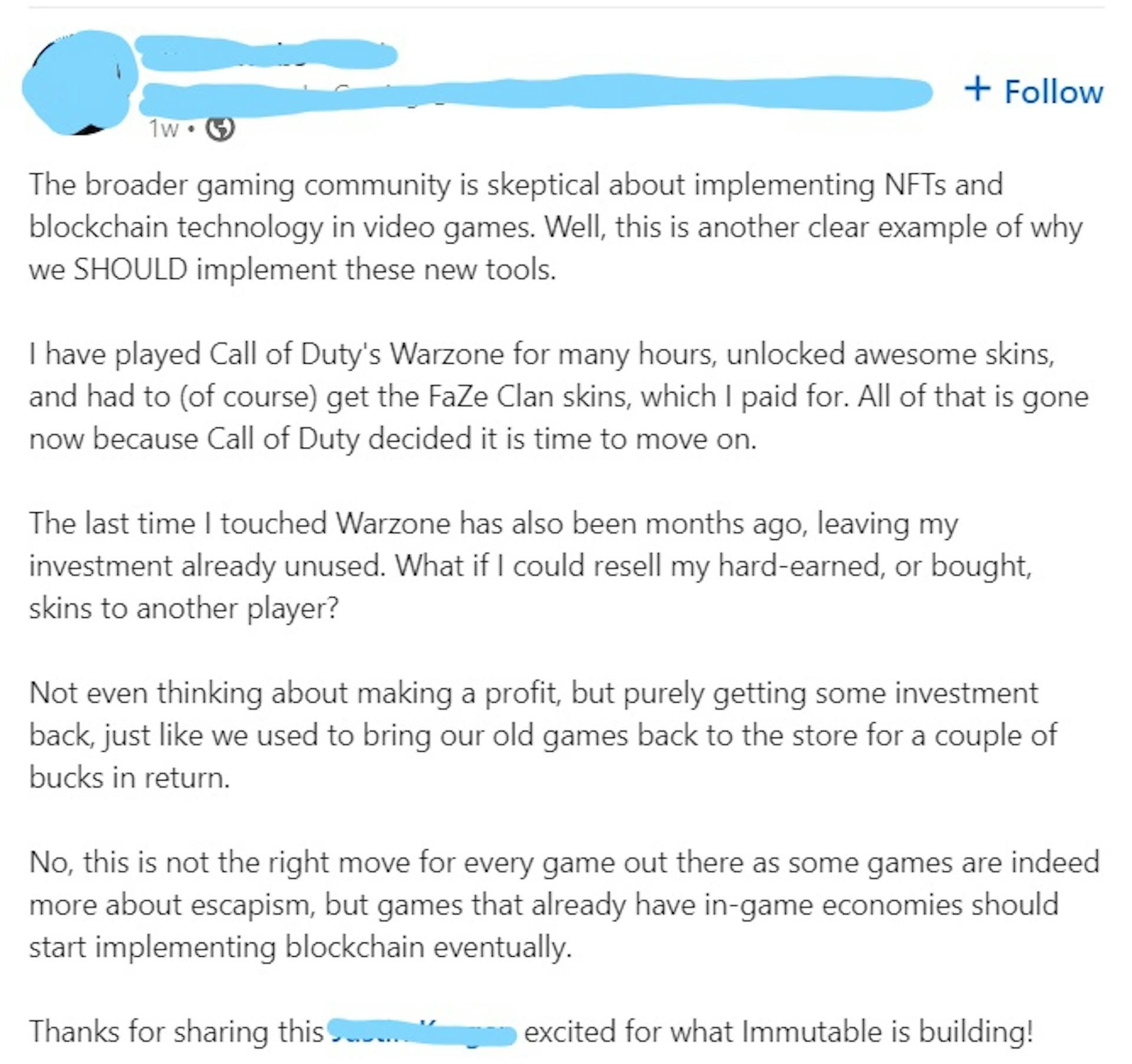 screenshot of LinkedIn post from a professional working in "Web3" who is also a gamer