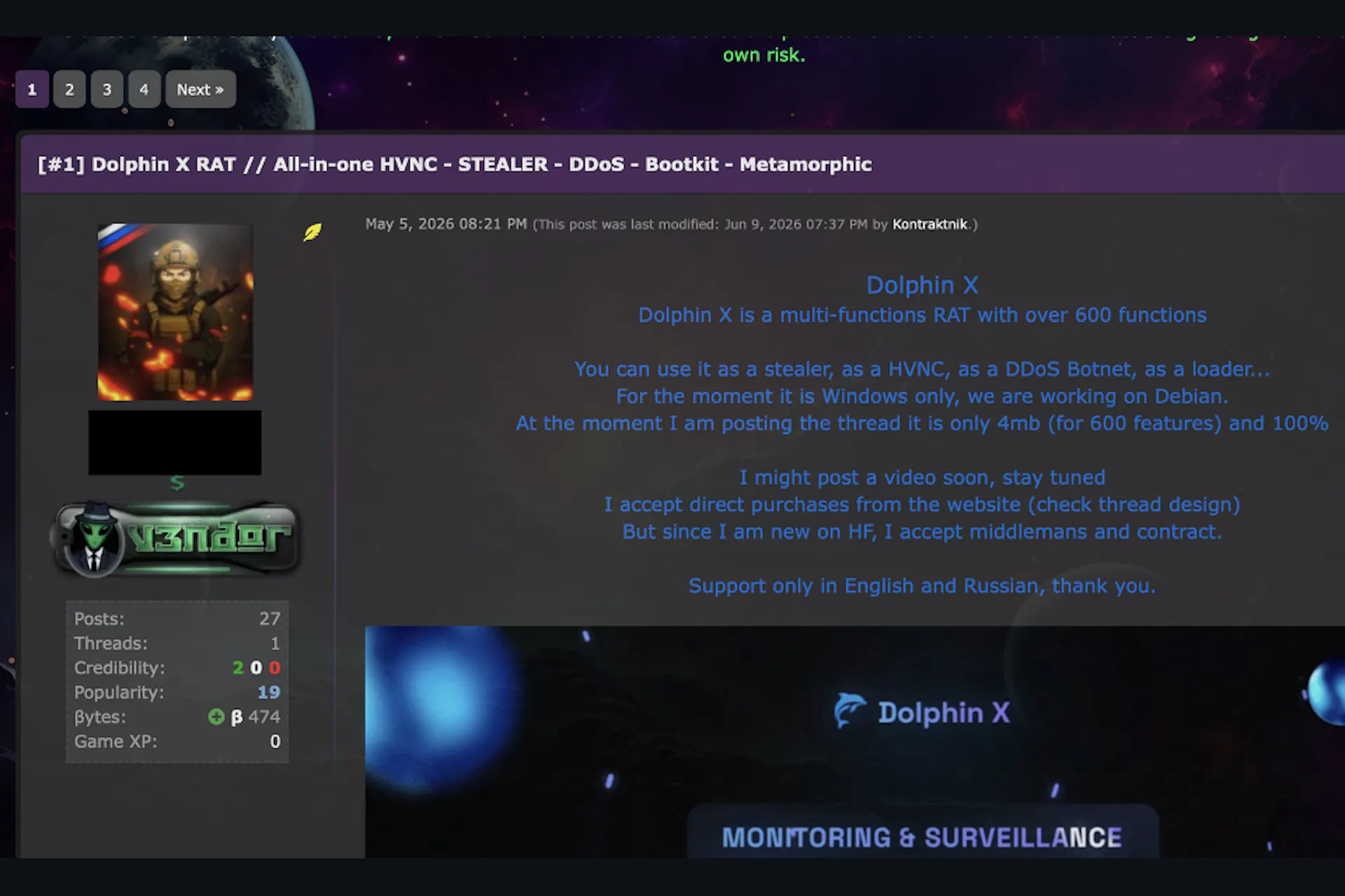Forum post advertising Dolphin X as an all-in-one RAT.