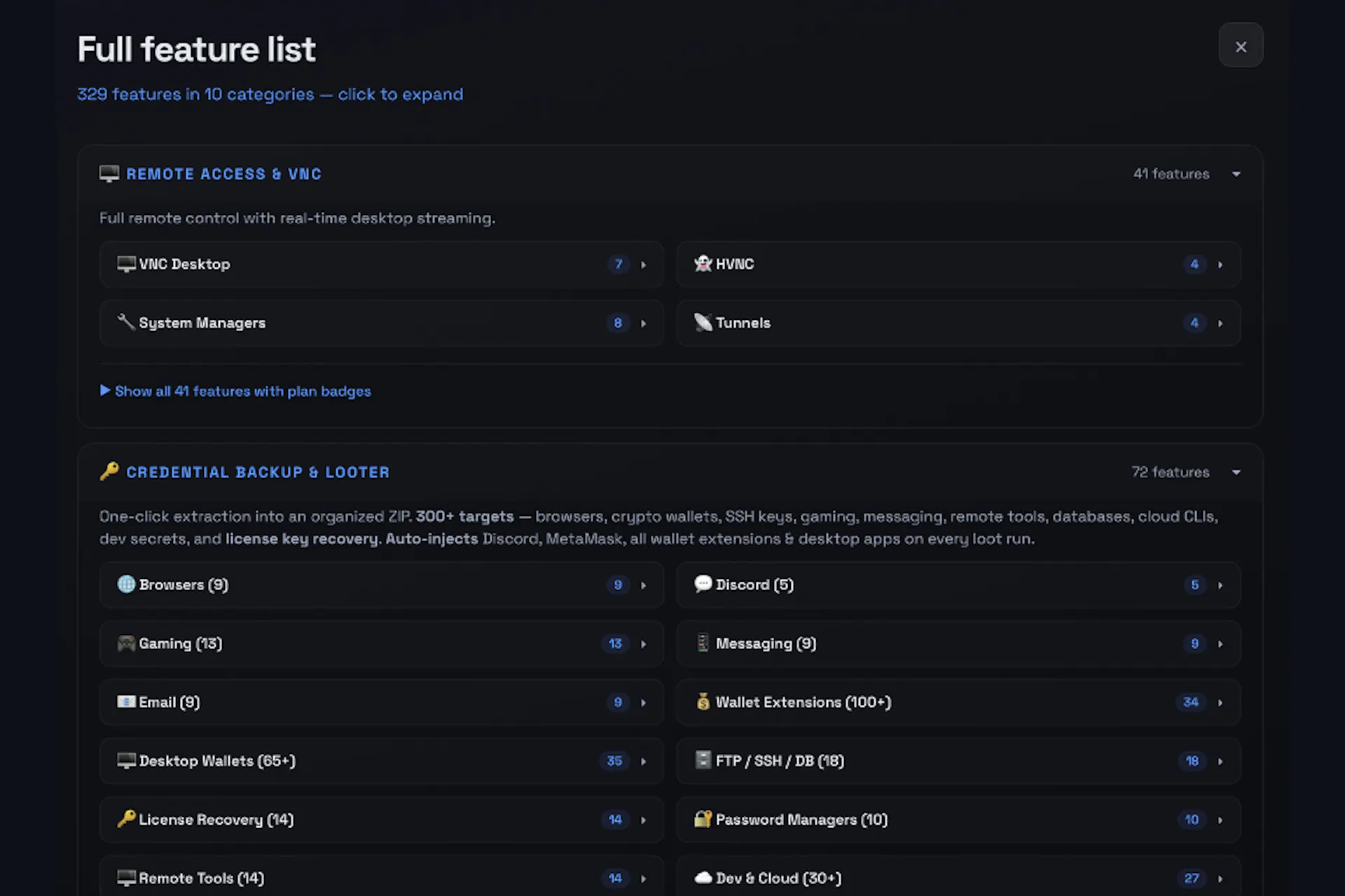 Feature panel, with the 300+ collection targets under the credential looter category.
