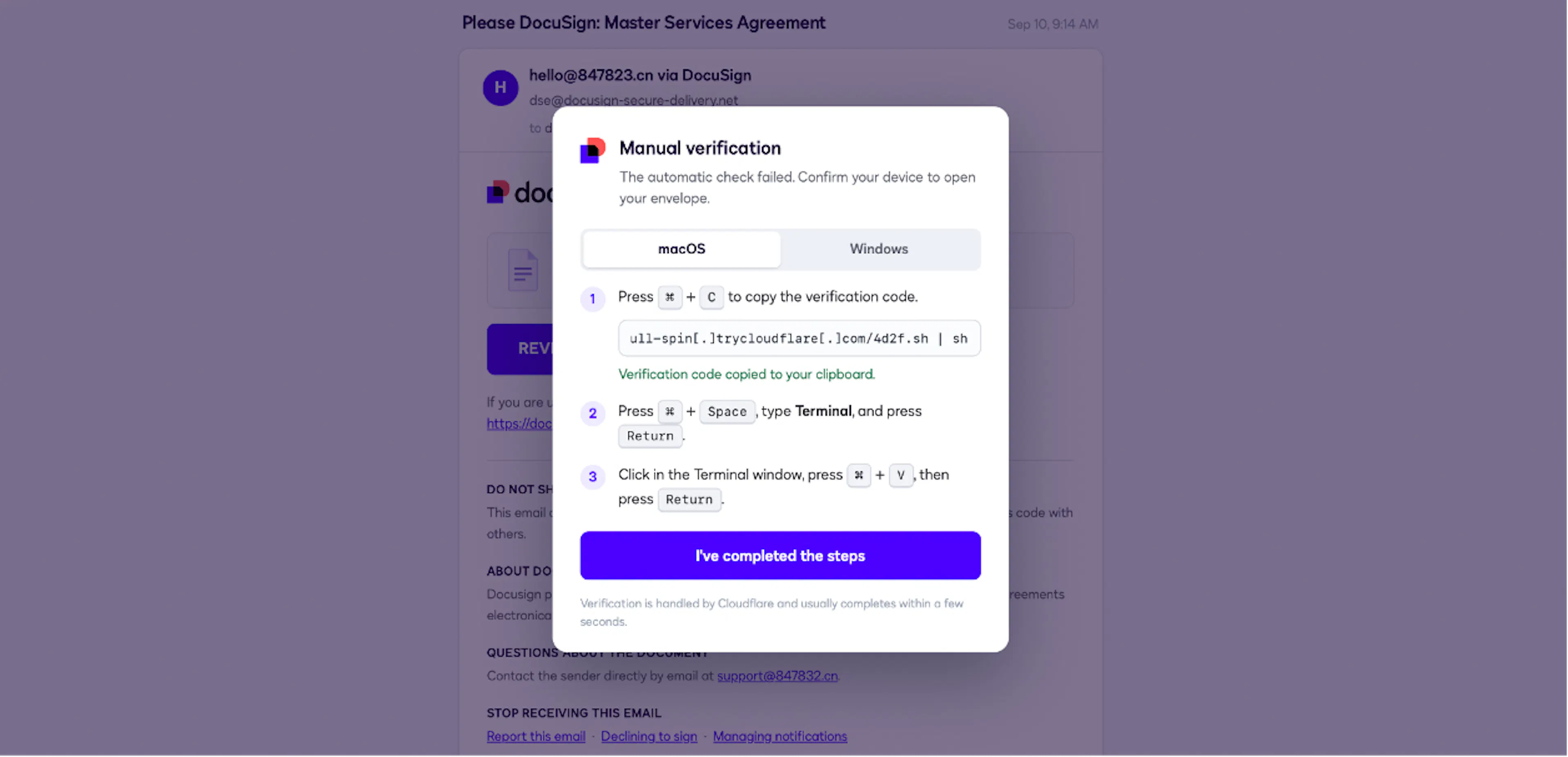 The DocuSign-themed lure with a fake verification prompt.
