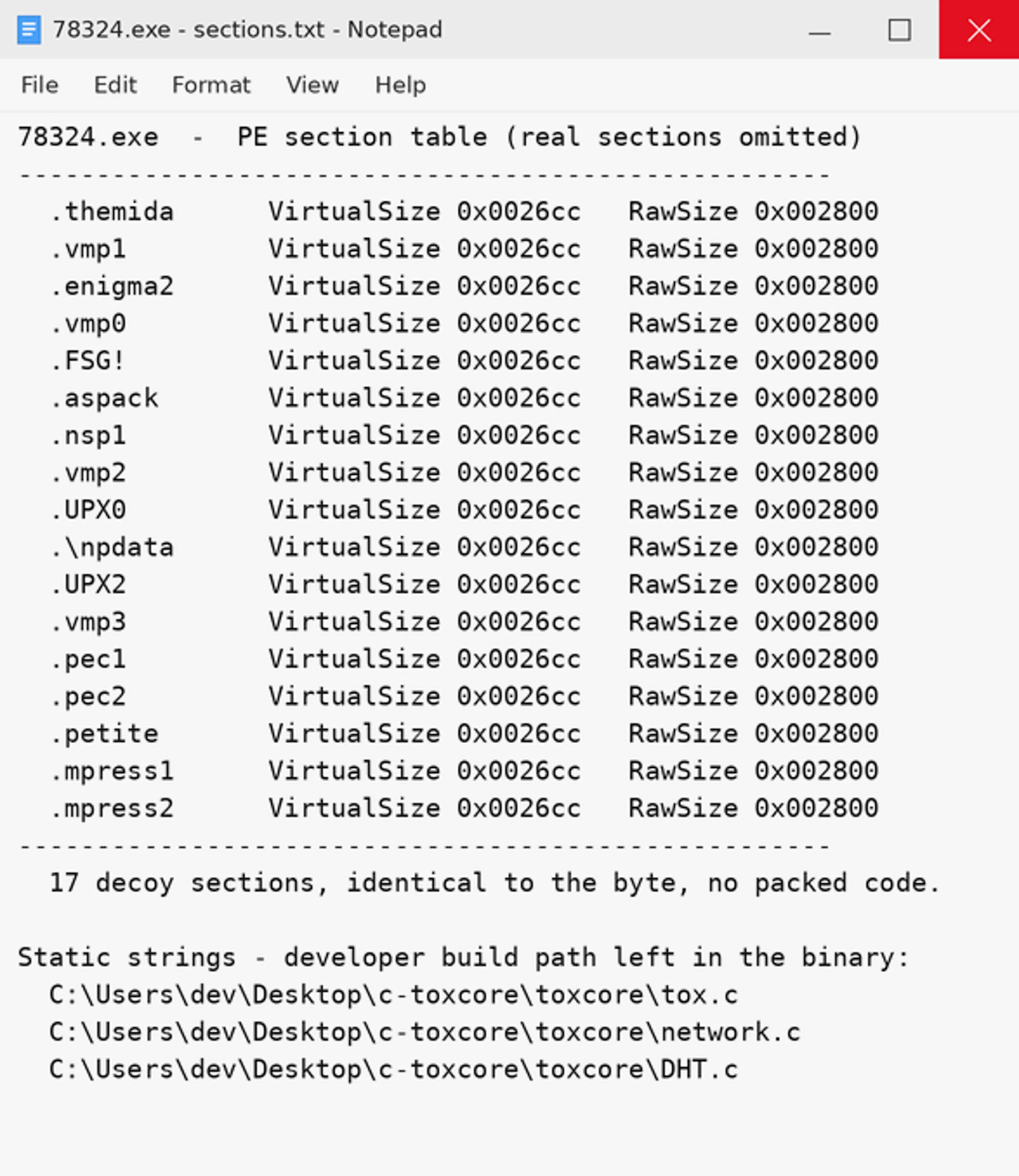 Packer-associated section names in 78324.exe.