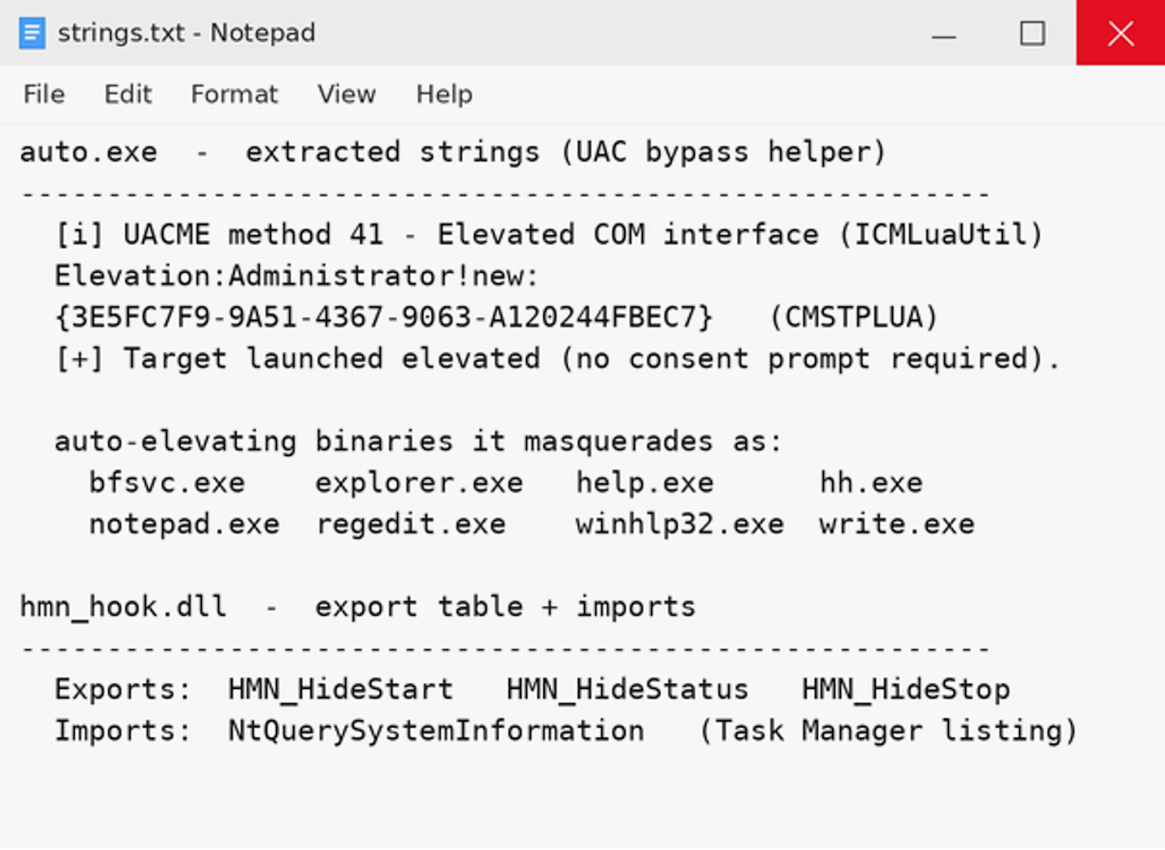 Extracted strings from auto.exe and hmn_hook.dll.